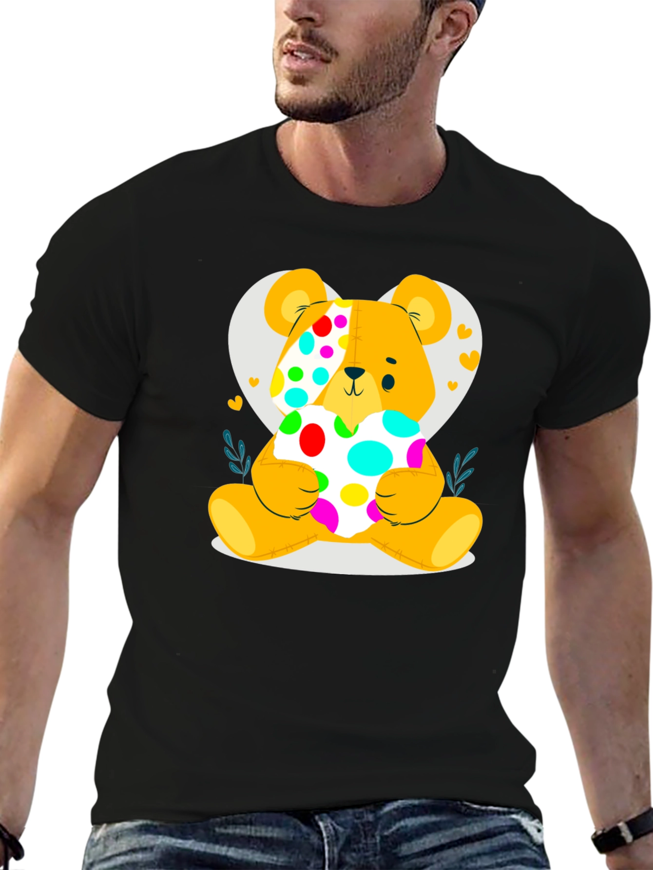 Black Cute Teddy Bear Holding a Polka Dot Heart Black T-Shirt view 6