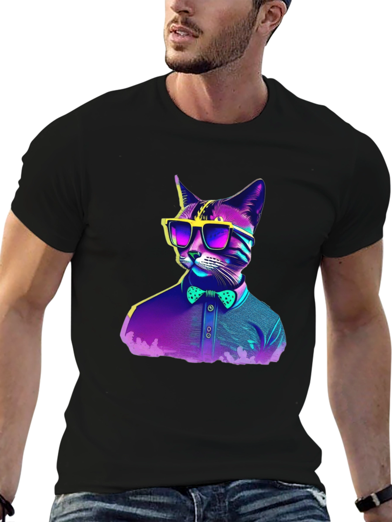 Black Hipster Cat T-Shirt - Cool Neon Design view 6