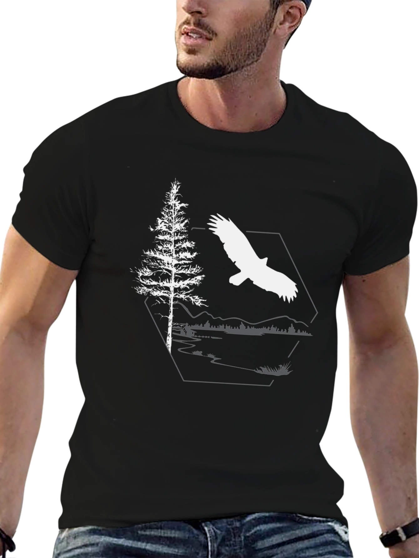 Black Eagle & Pine Tree Graphic Black T-Shirt view 6