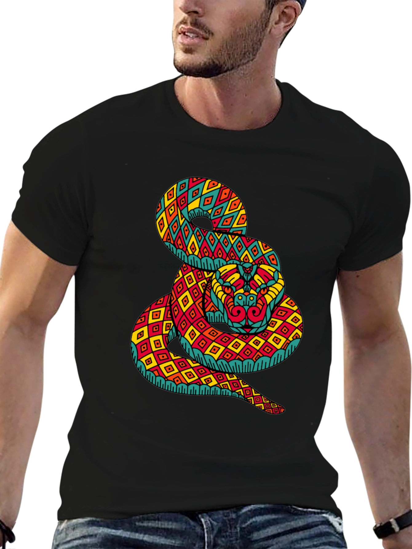 Black Geometric Snake Print Black T-Shirt view 6