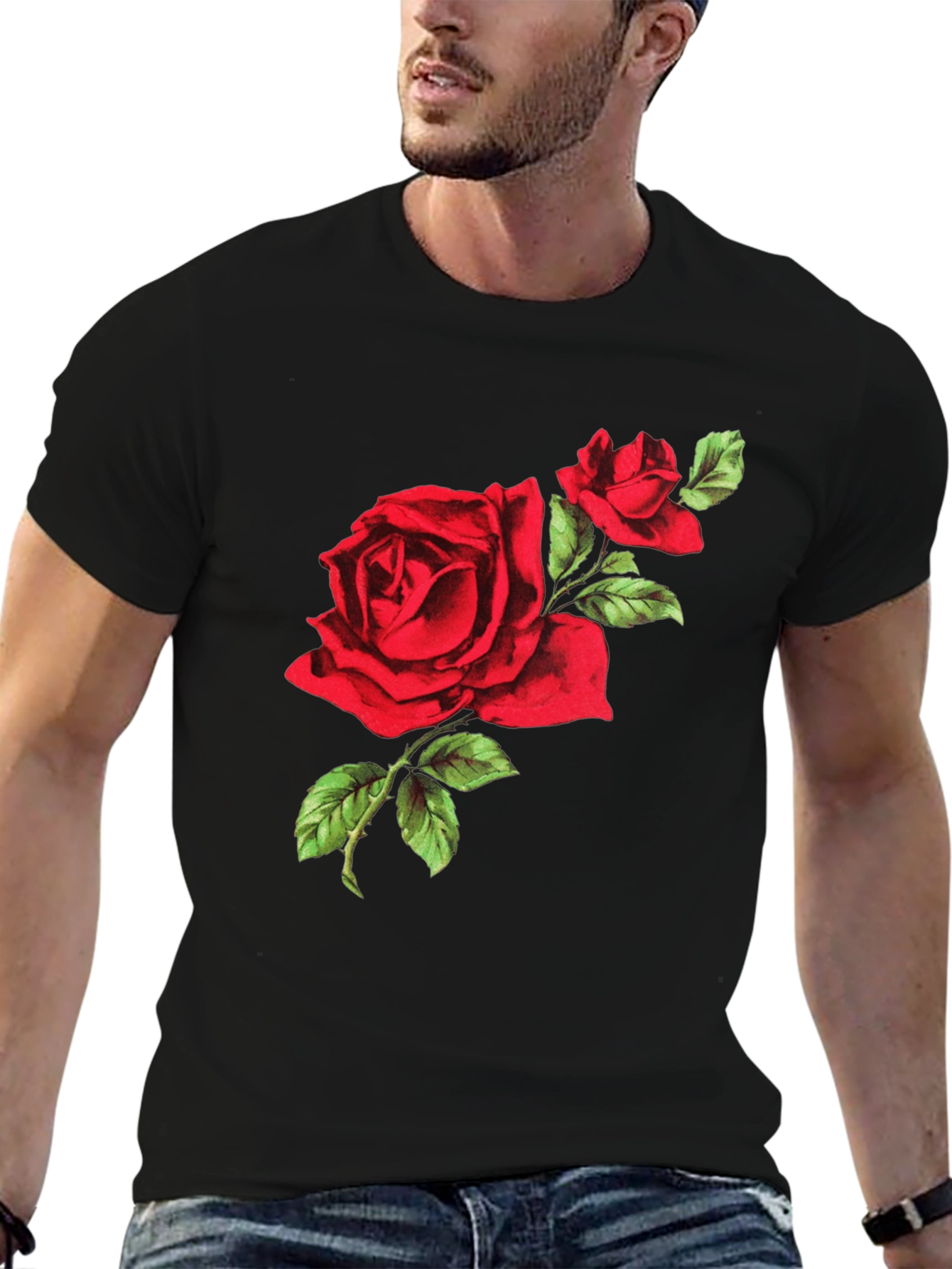 Black Red Rose Graphic Tee - Black Cotton T-Shirt view 6