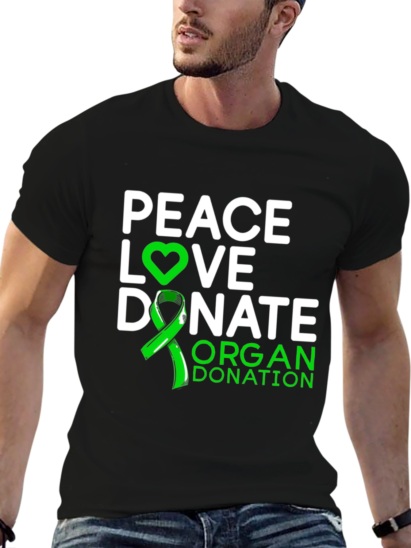 Black Peace Love Donate Organ Donation Awareness T-Shirt view 6