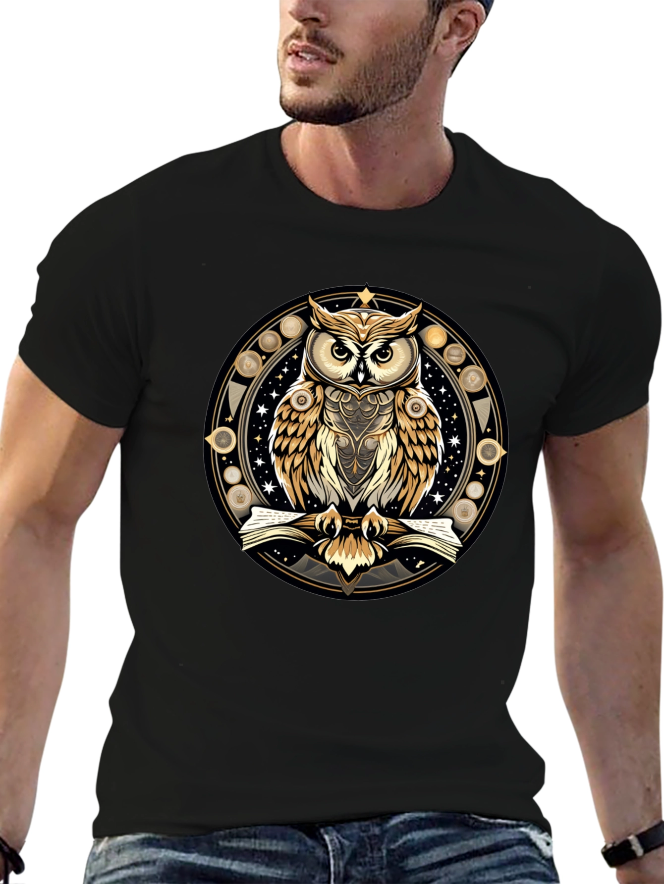 Black Mystic Owl Graphic Tee - Stylish Unisex Black T-Shirt view 6