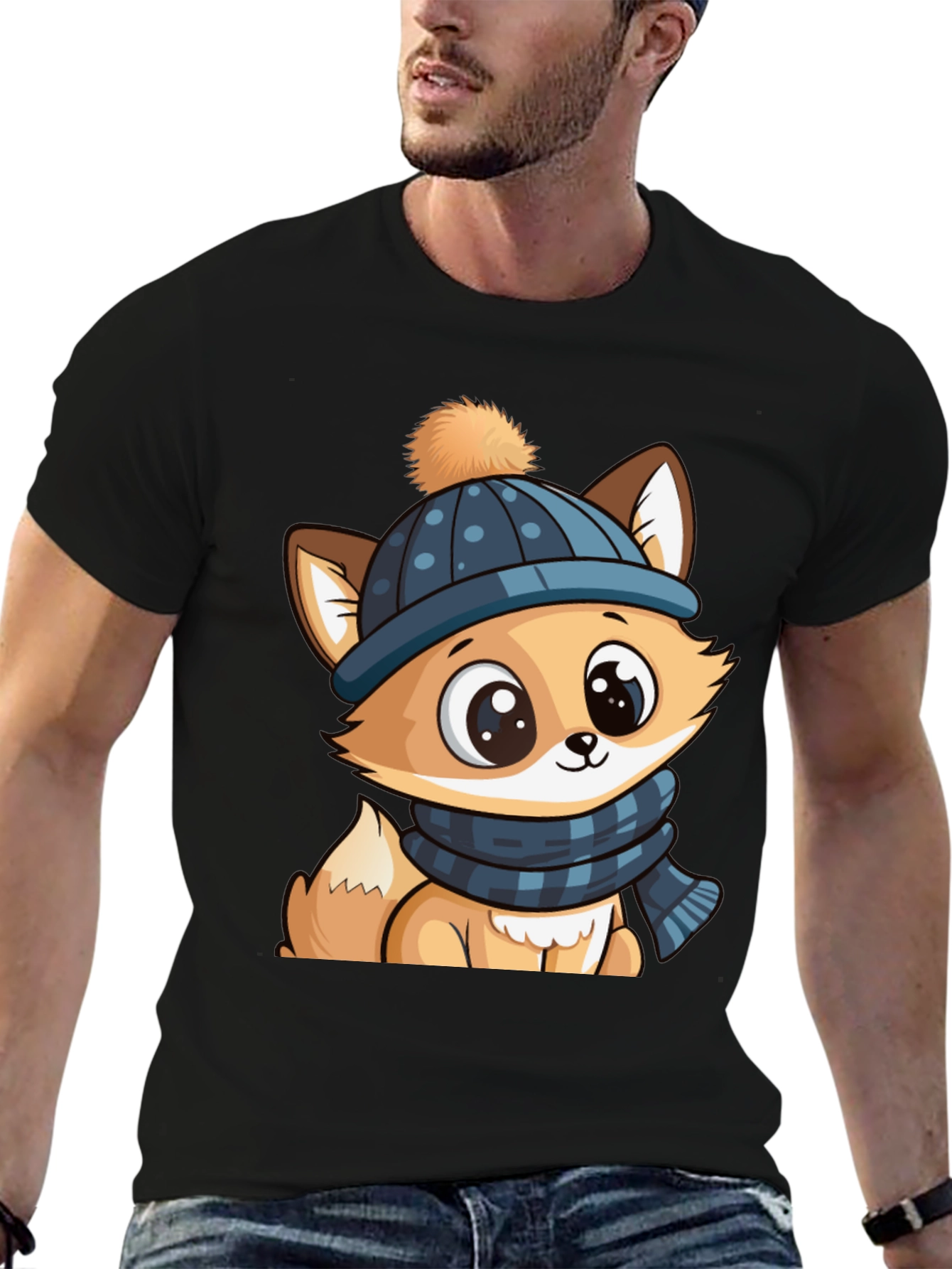 Black Cute Cartoon Fox with Winter Hat Graphic Tee view 6