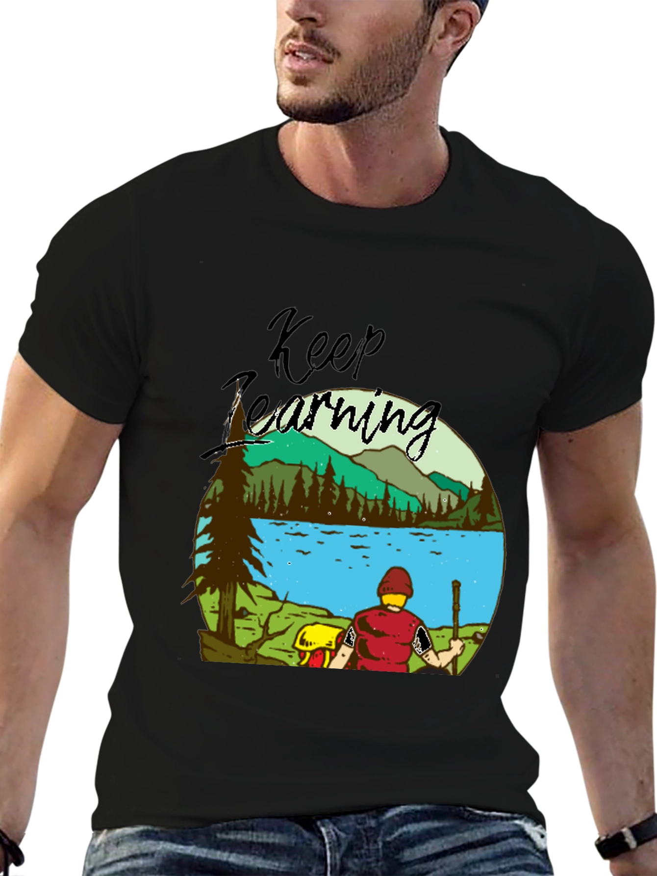 Black Keep Learning Nature Scene Graphic T-Shirt view 6
