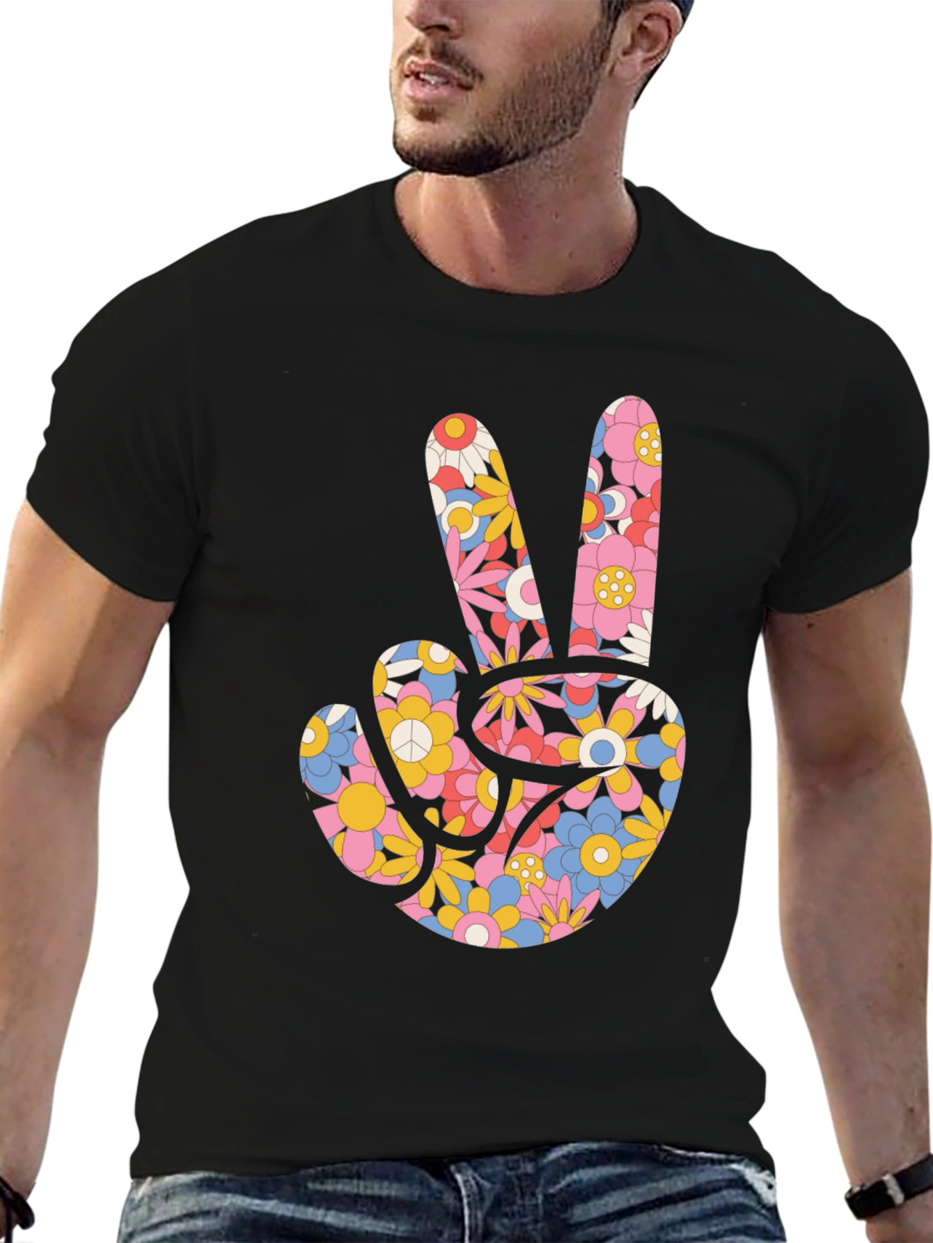 Black Floral Peace Sign Black T-Shirt view 6