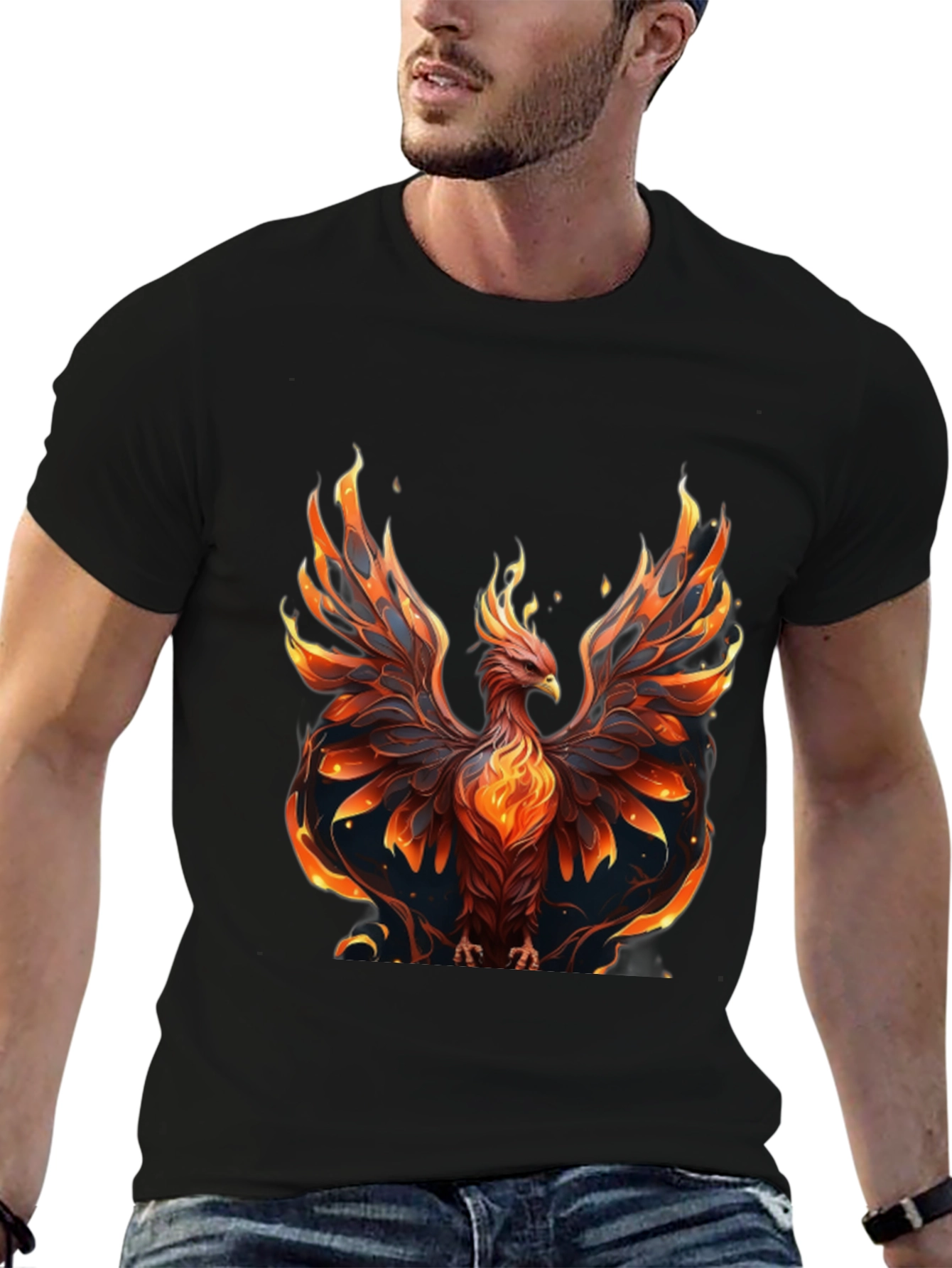 Black Fiery Phoenix Graphic Black T-Shirt view 6