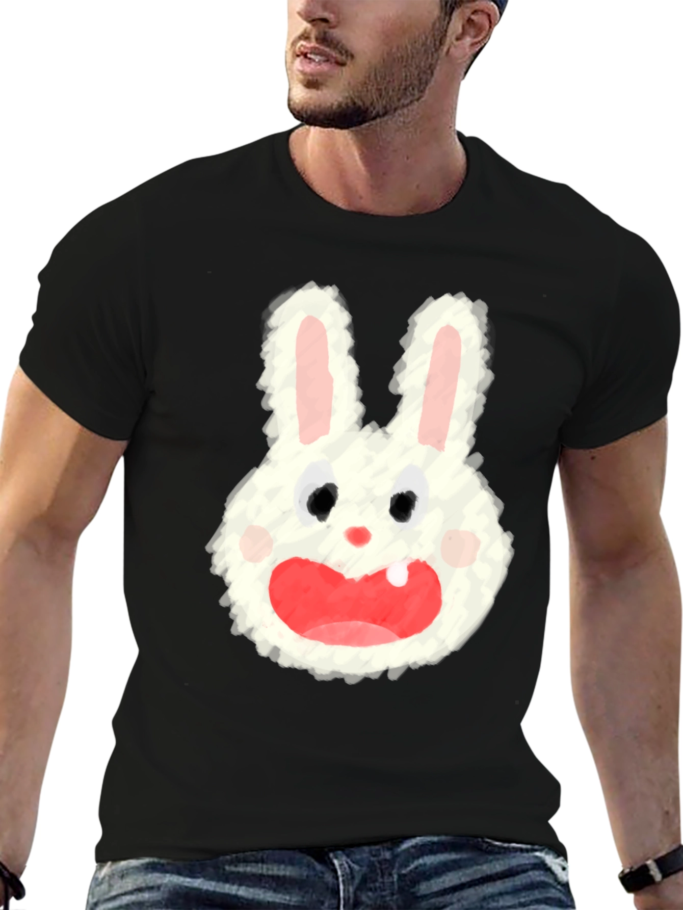Black Cartoon Bunny Graphic Tee - Soft Black Cotton Blend view 6