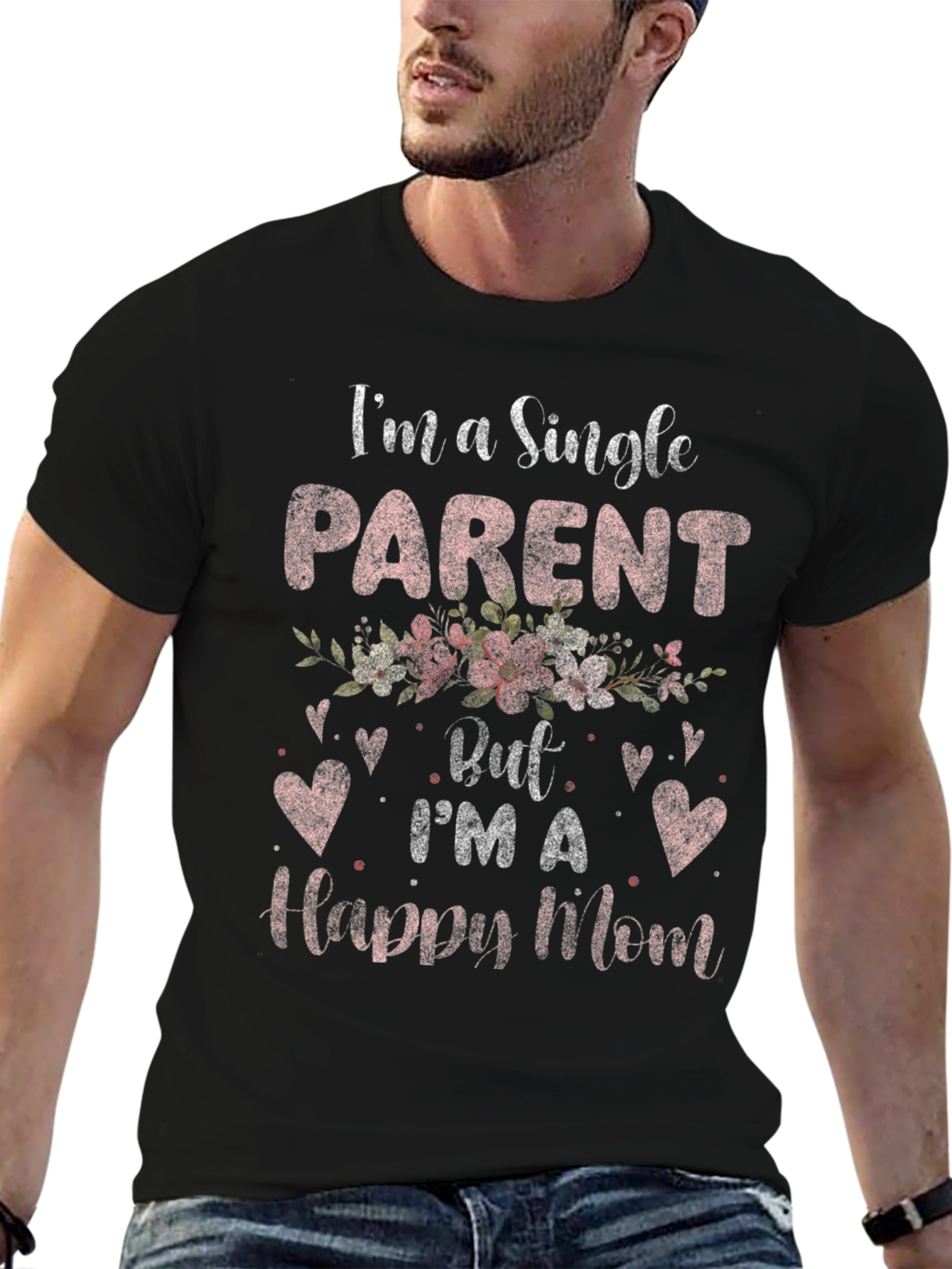 Black Single Parent Happy Mom Floral Heart T-Shirt view 6