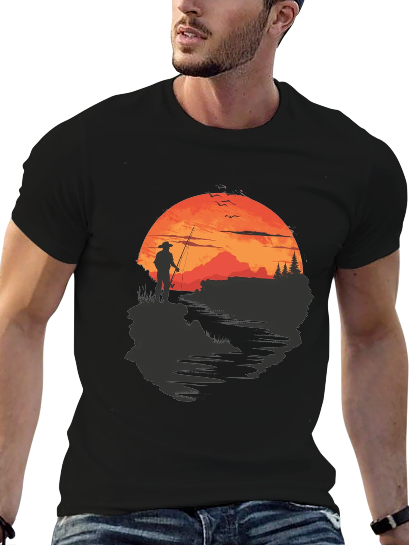 Black Fisherman Sunset Graphic Tee - Black Crew Neck view 6