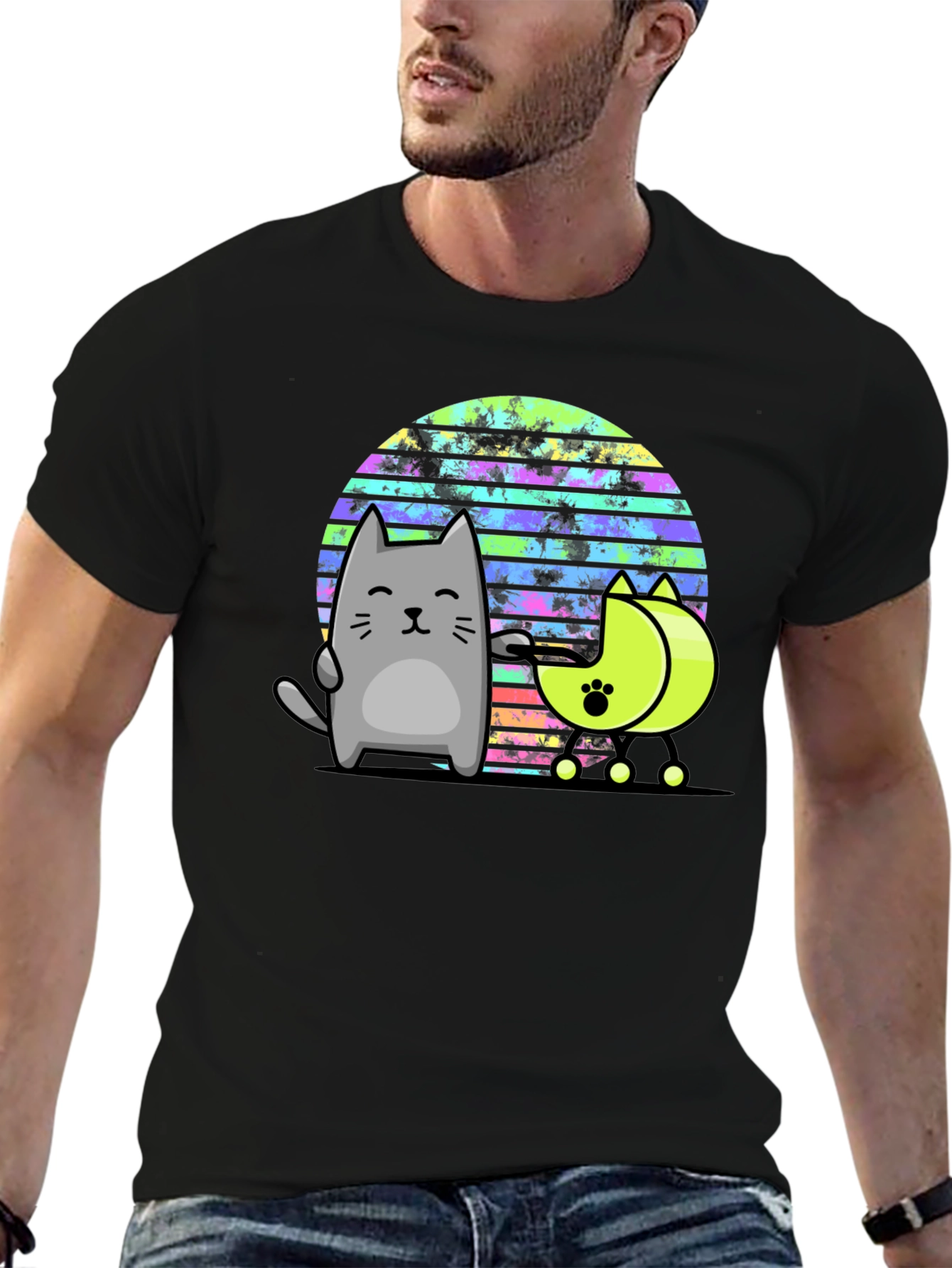 Black Retro Cat T-Shirt - 80s Style Graphic Tee view 6