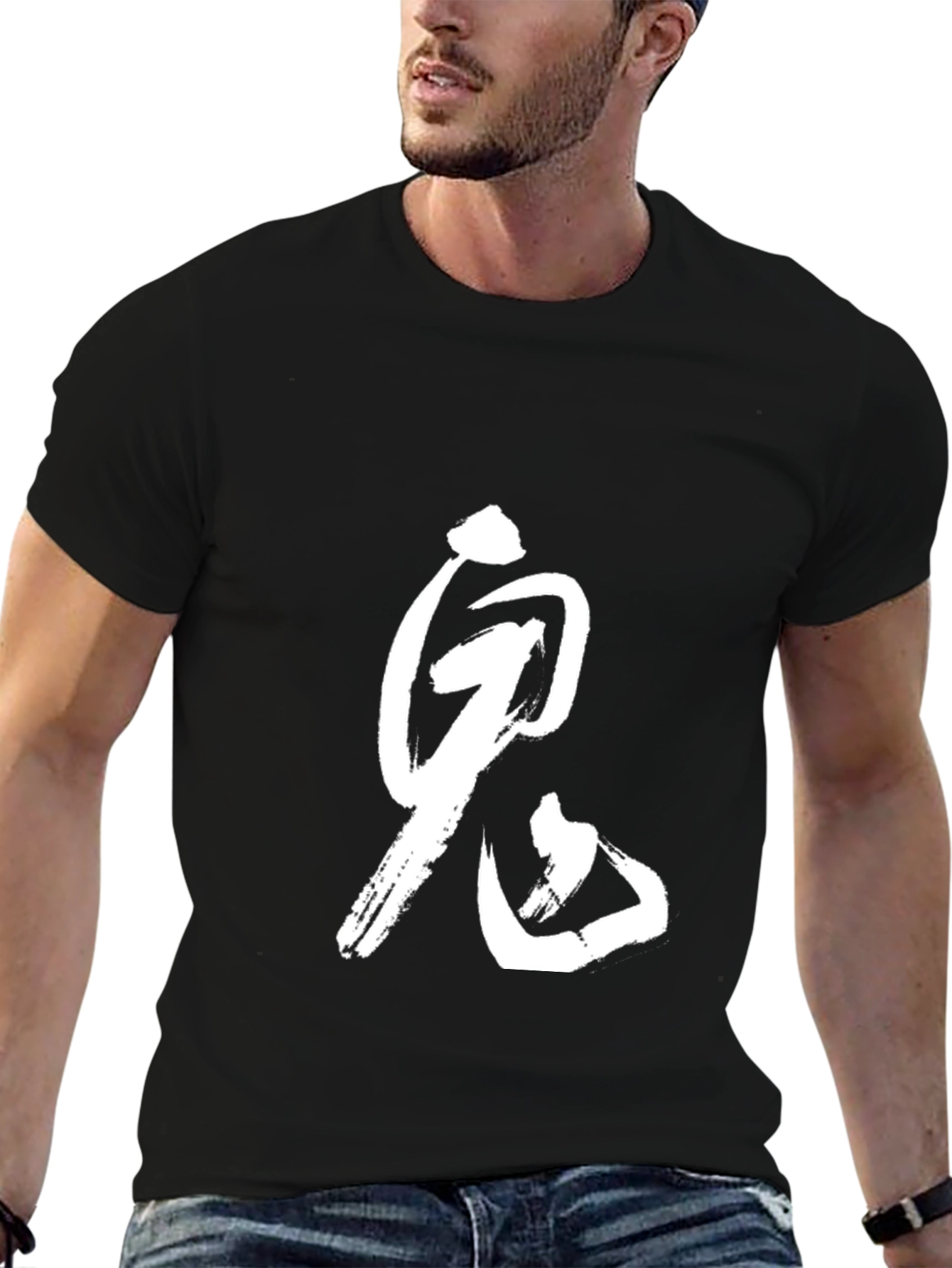 Black Black T-Shirt with White Japanese "Oni" Character view 6