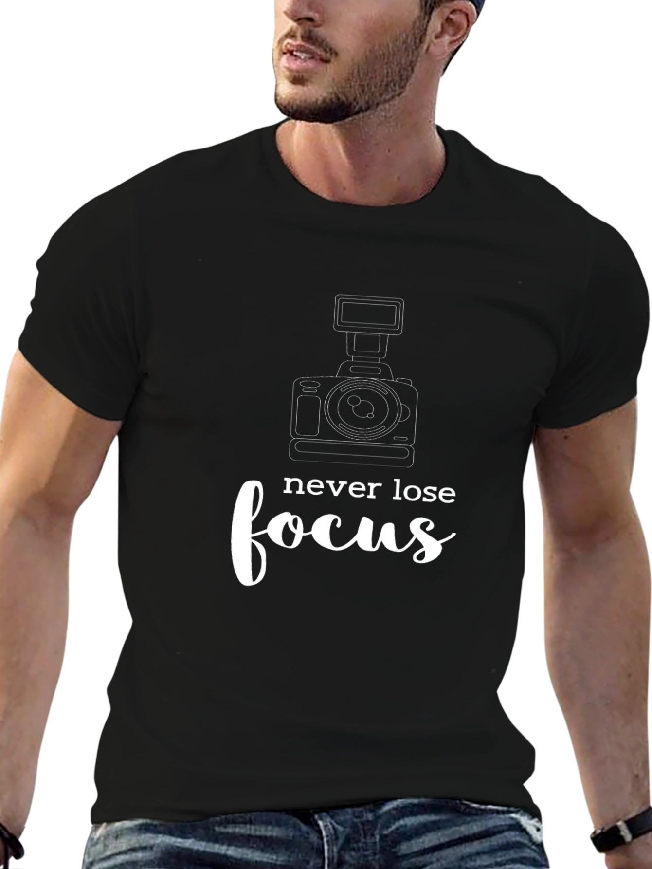 Black Never Lose Focus T-Shirt, Camera Graphic Tee view 6