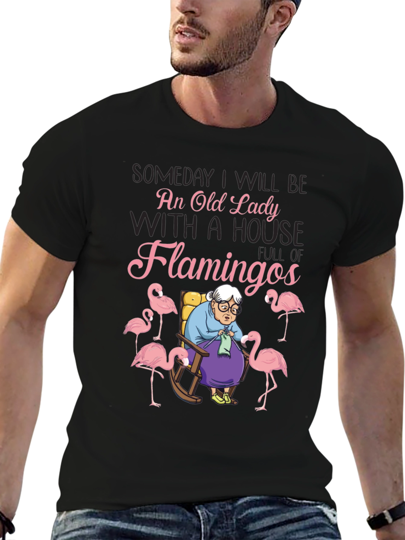 Black Old Lady Flamingo T-Shirt - Novelty Graphic Tee view 6