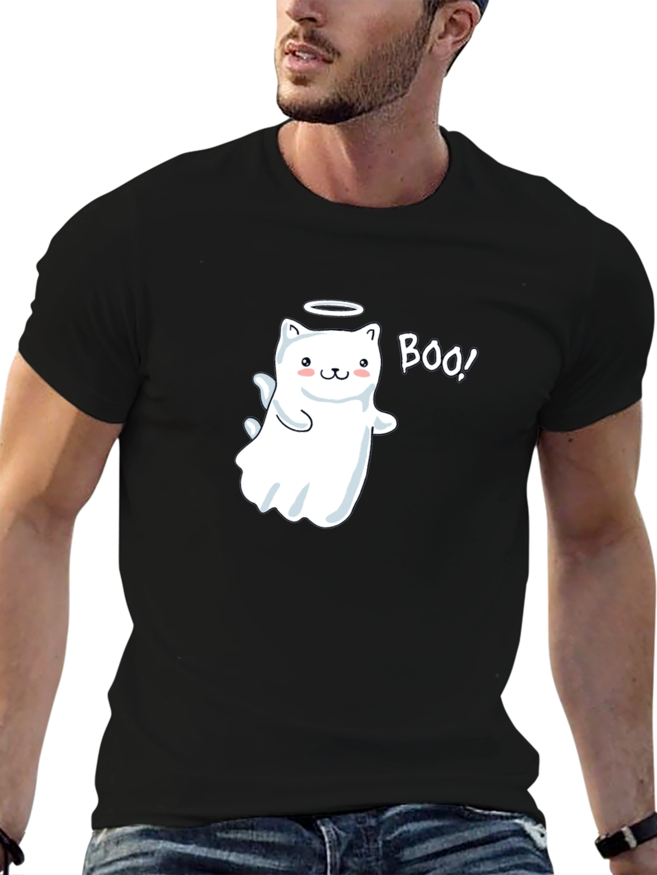 Cute Ghost Cat Boo! Black T-Shirt - 6