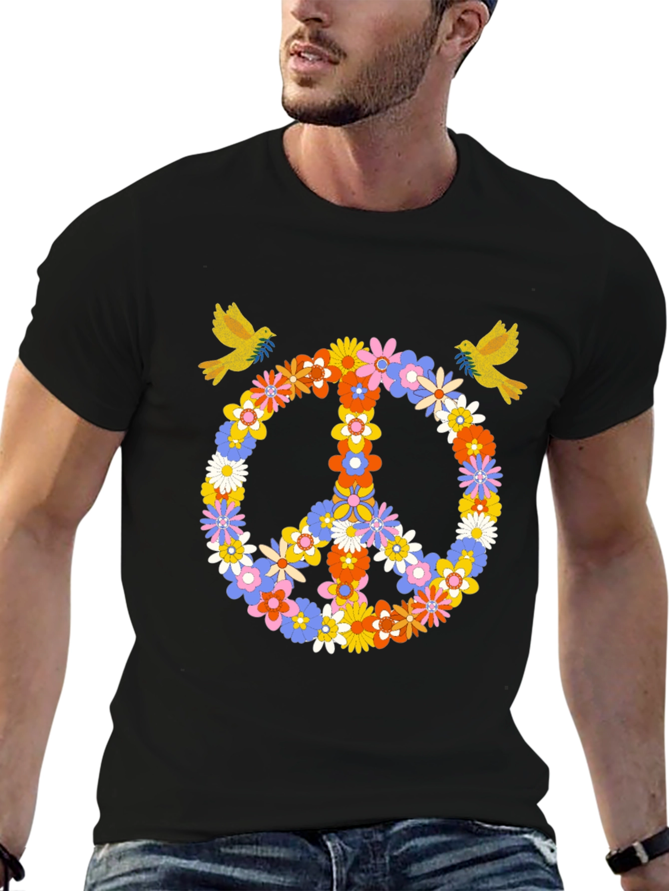 Black Floral Peace Sign Graphic Tee view 6