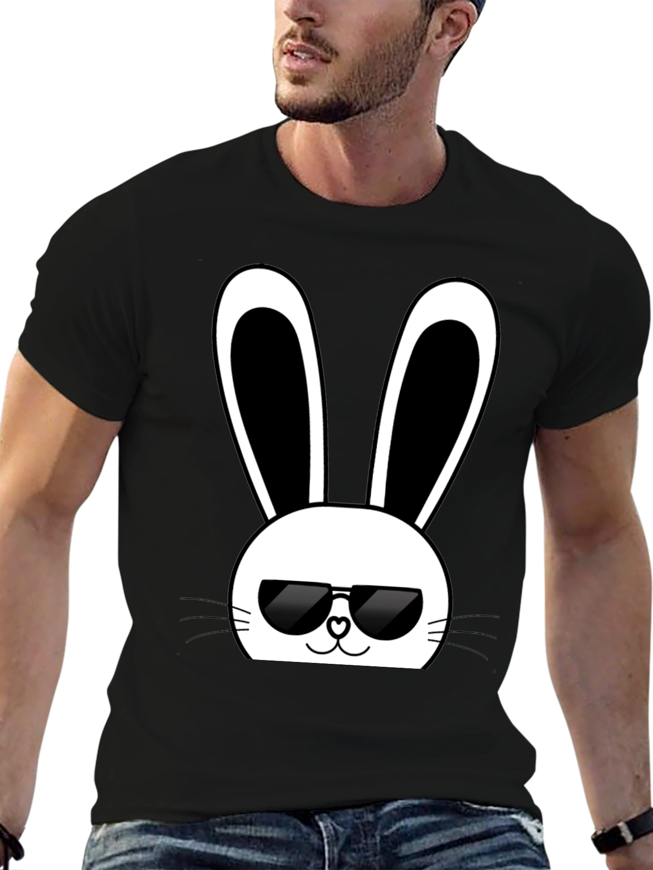 Black Cool Bunny Graphic Tee - Black Cotton T-Shirt view 6