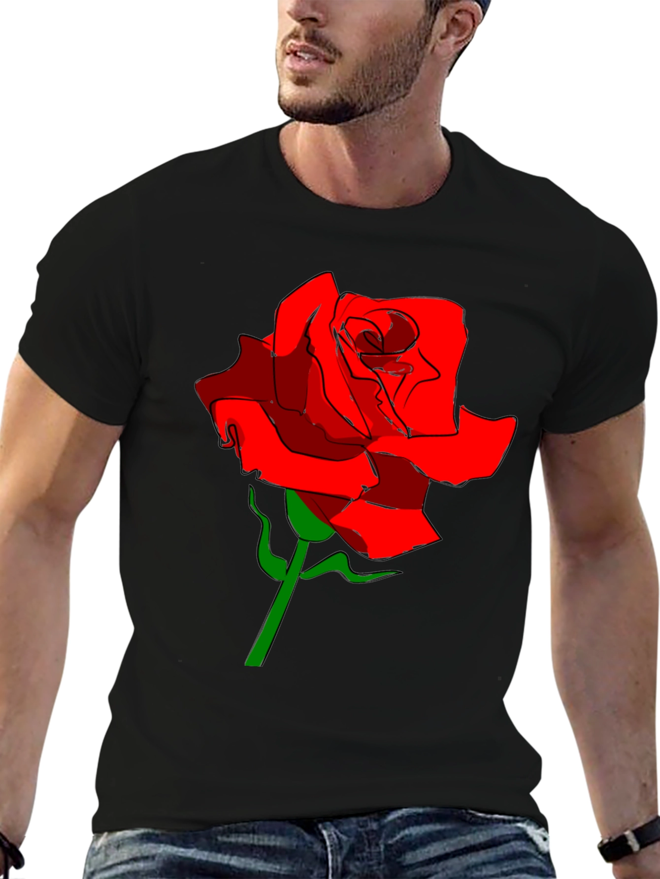 Black Men's Black T-Shirt with Red Rose Graphic view 6