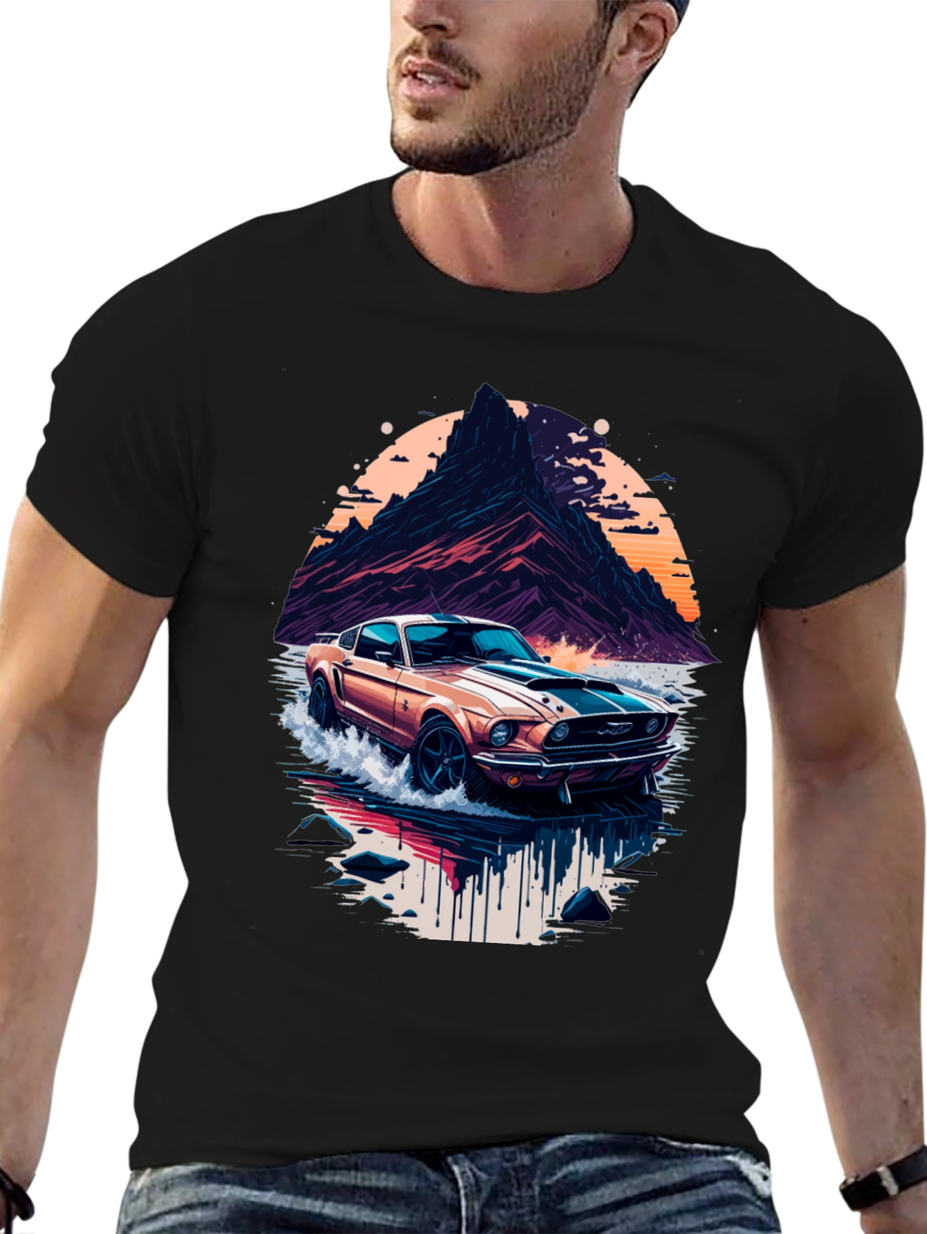 Black Retro Car Graphic Tee - Cool Mountainscape Design view 6