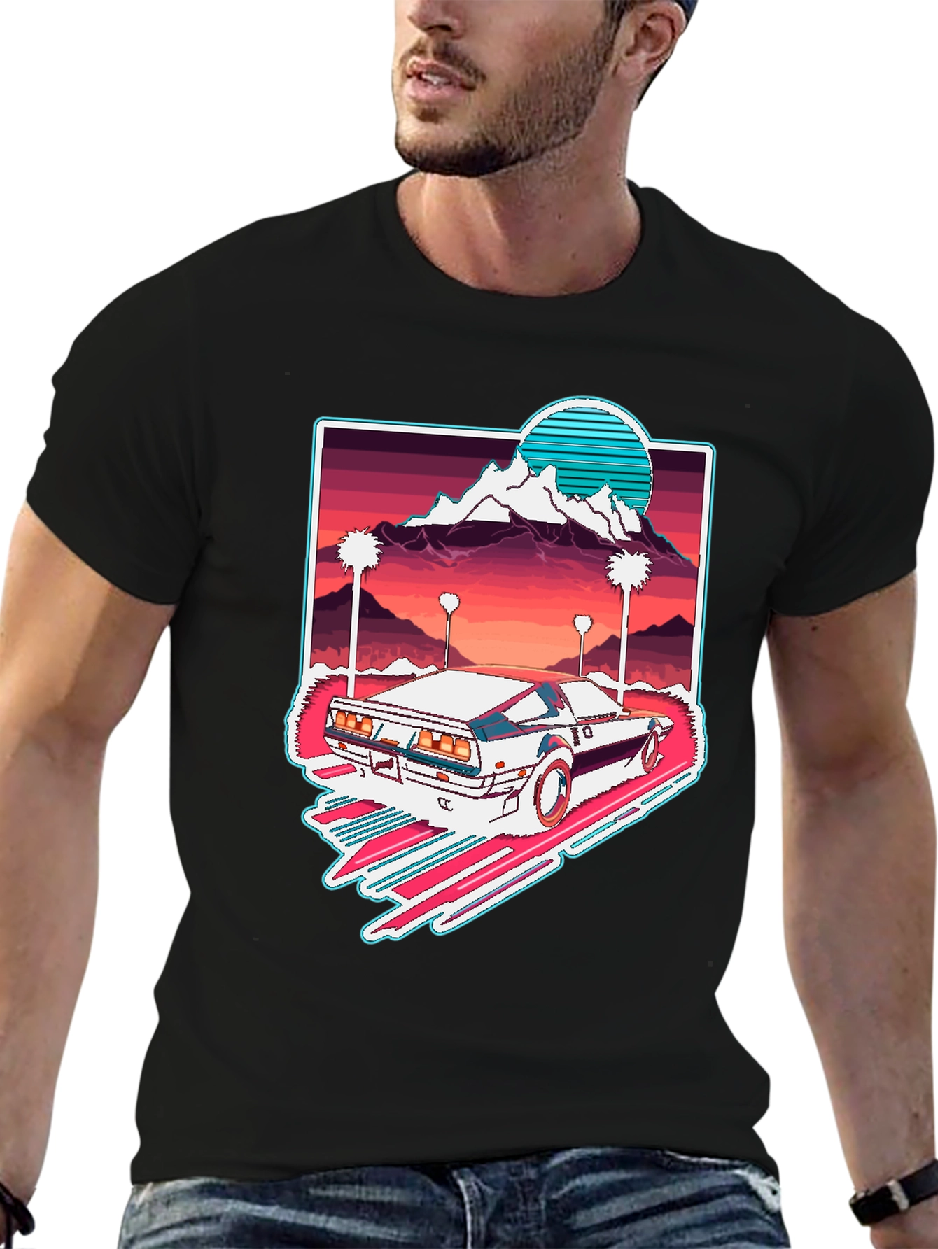 Black Retro Wave Car Graphic Tee - Synthwave Aesthetic T-Shirt view 6