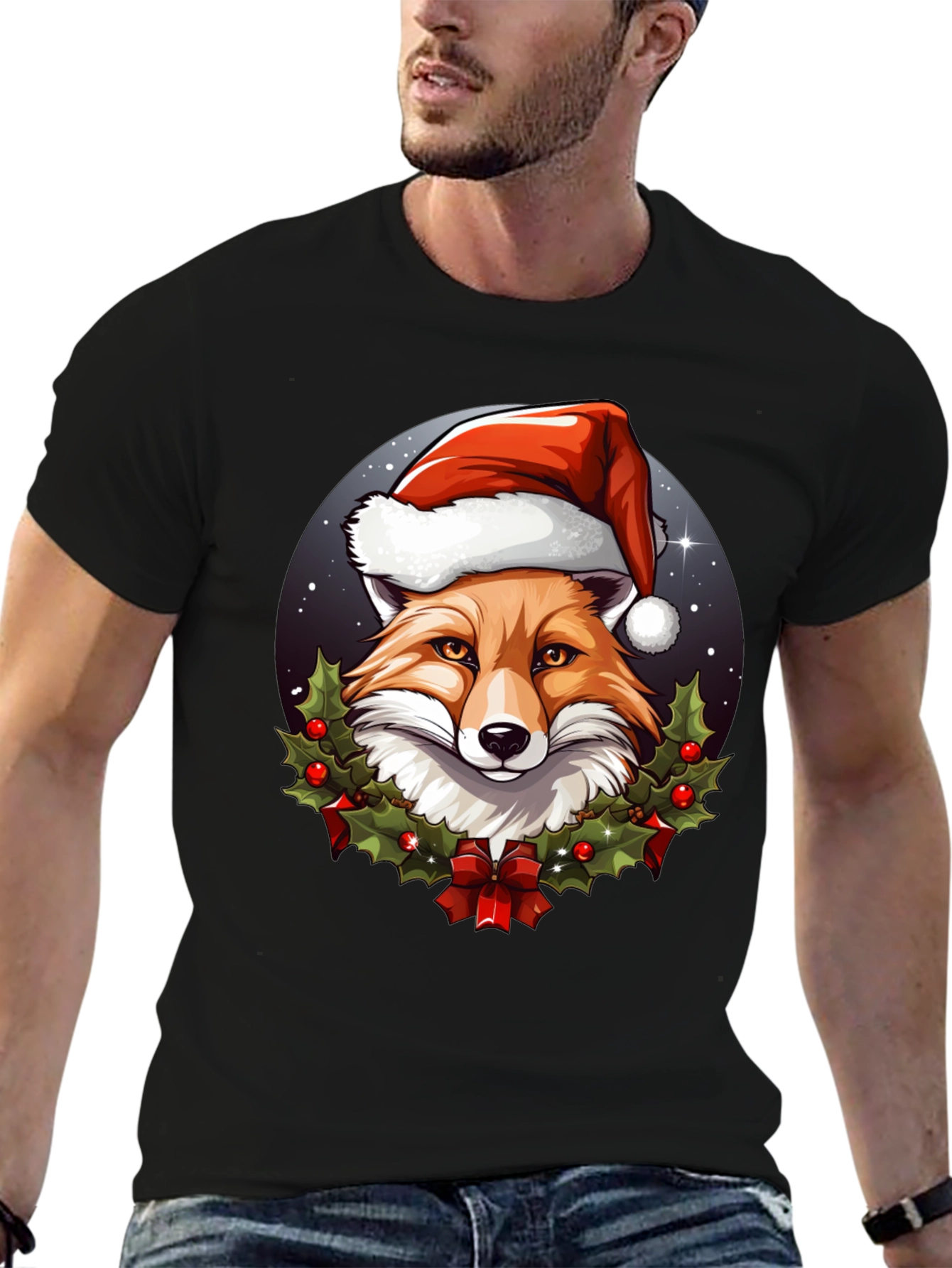 Black Festive Fox Tee: Holiday Spirit Apparel view 6