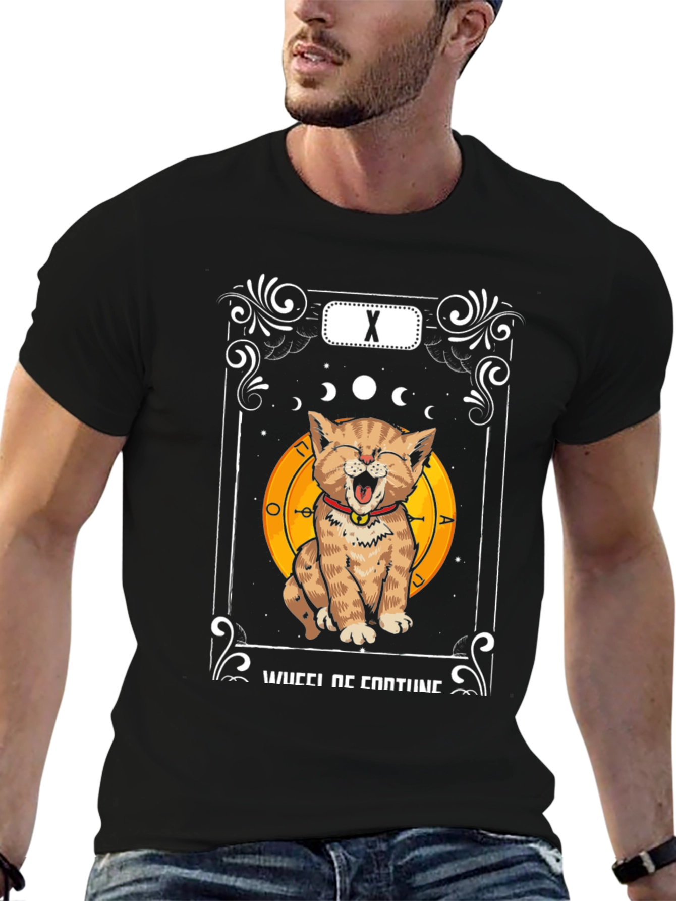 Black Funny Cat Tarot Card Wheel of Fortune T-Shirt view 6