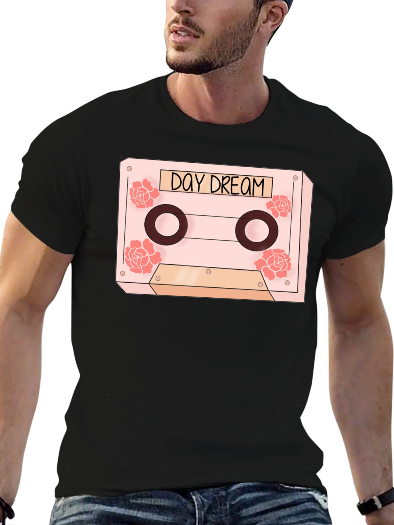 Black Daydream Cassette Tape Graphic Tee - Trendy Floral Design view 6