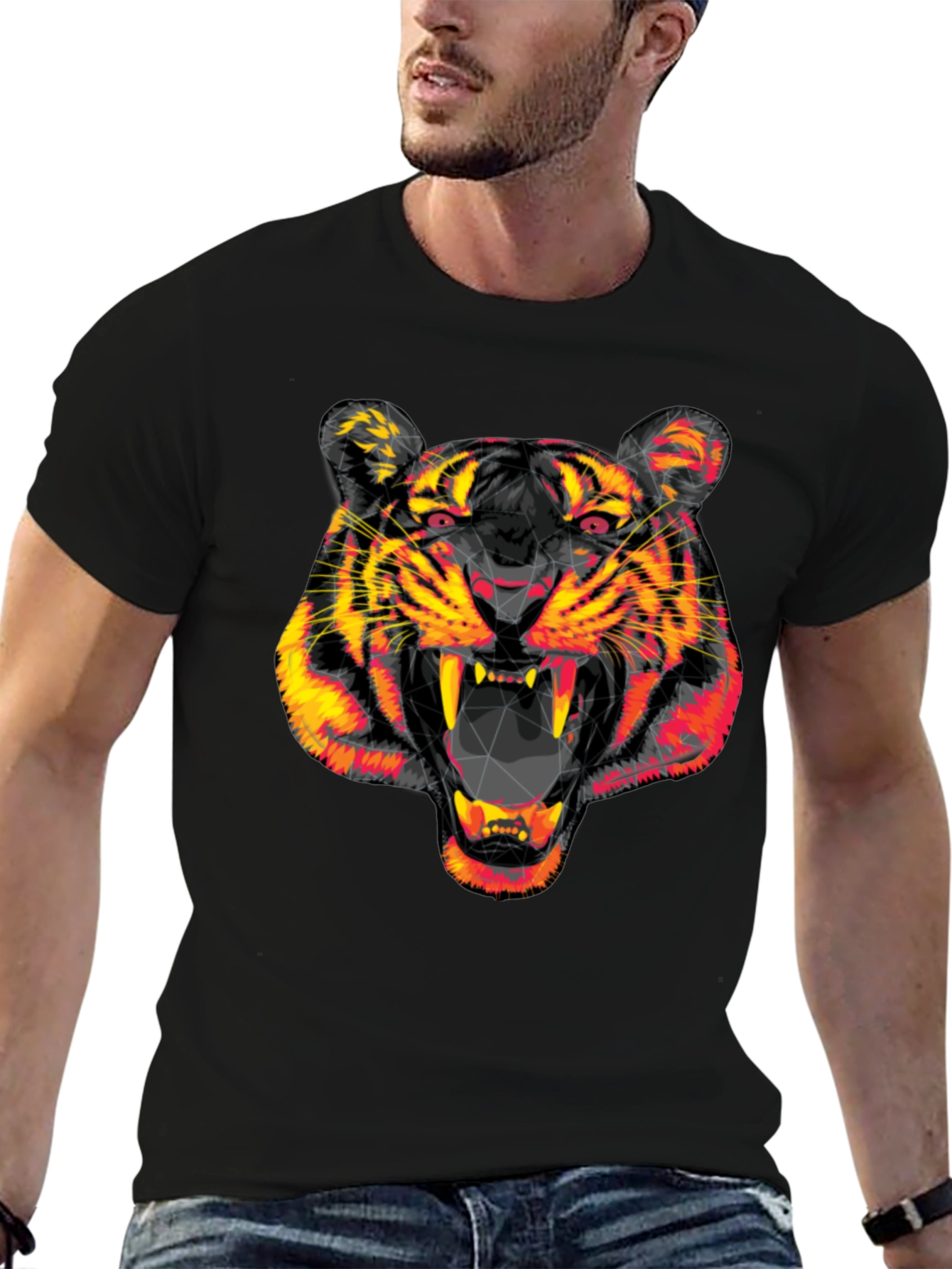 Black Geometric Tiger Head Black Graphic Tee view 6