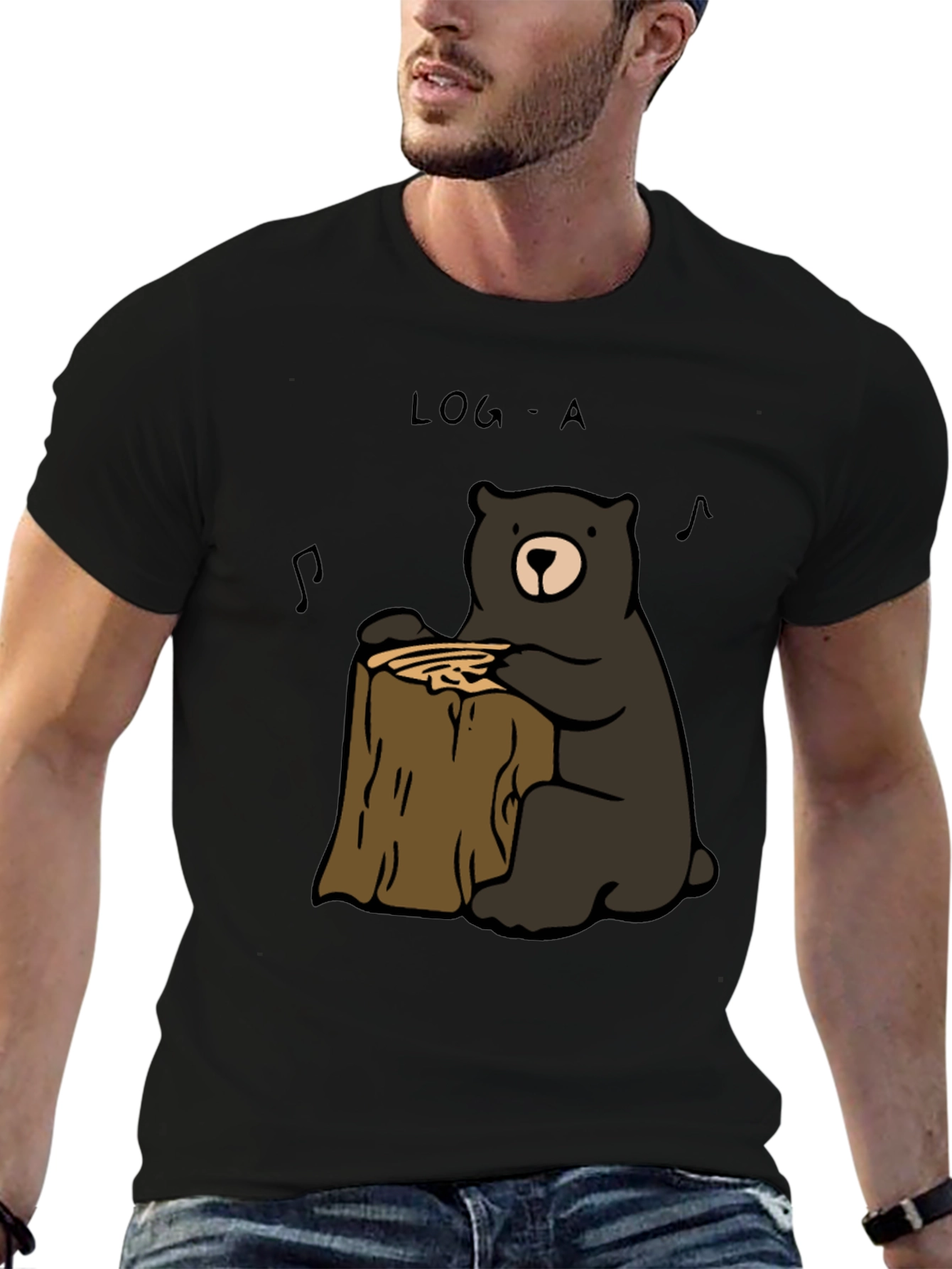 Black Log-A Bear T-Shirt - Music Loving Bear on Wood Stump view 6
