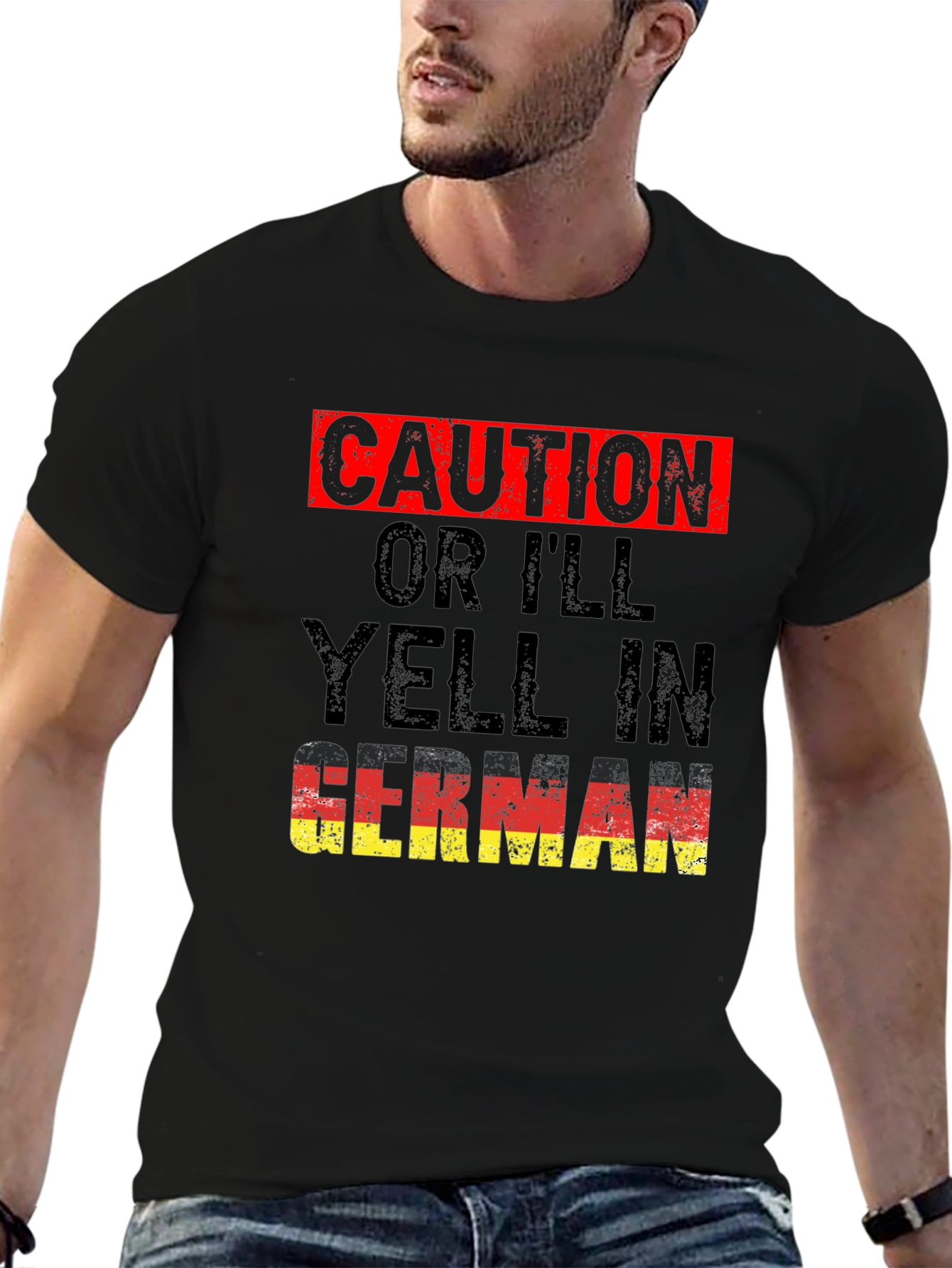 Black Caution, I'll Yell In German T-Shirt view 6