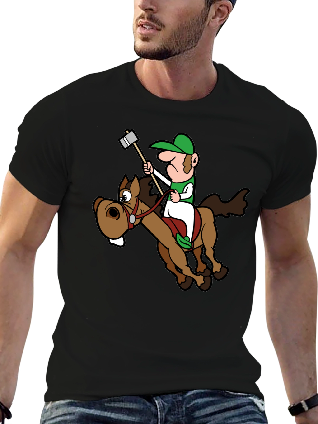 Black Novelty Cartoon Horse Rider T-Shirt view 6