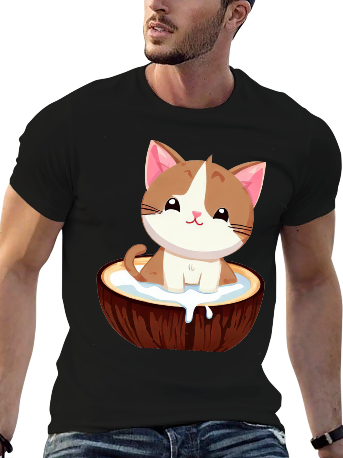 Black Cute Cat in Coconut Bowl T-Shirt view 6