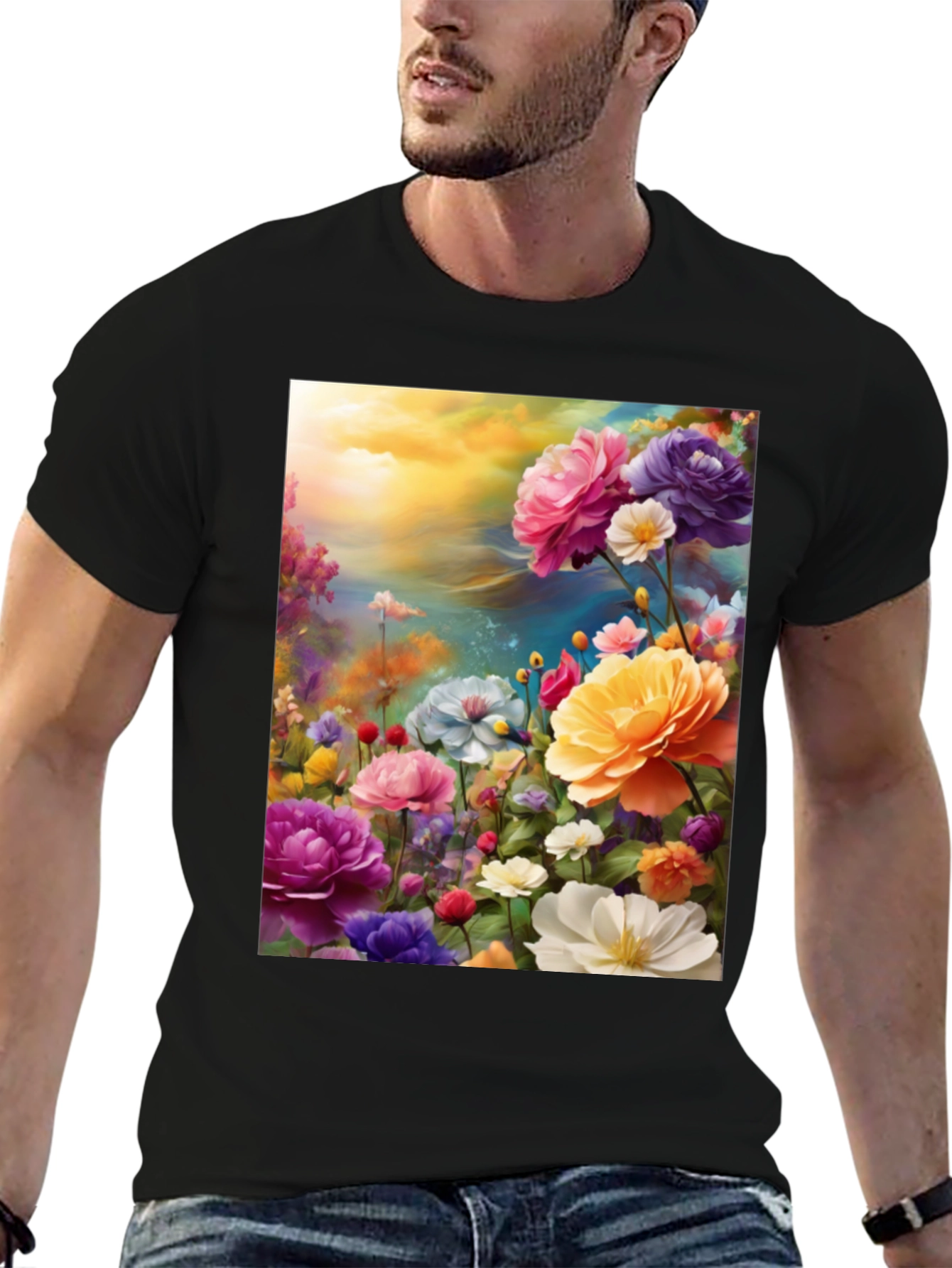 Black Floral Art Print Black T-Shirt view 6