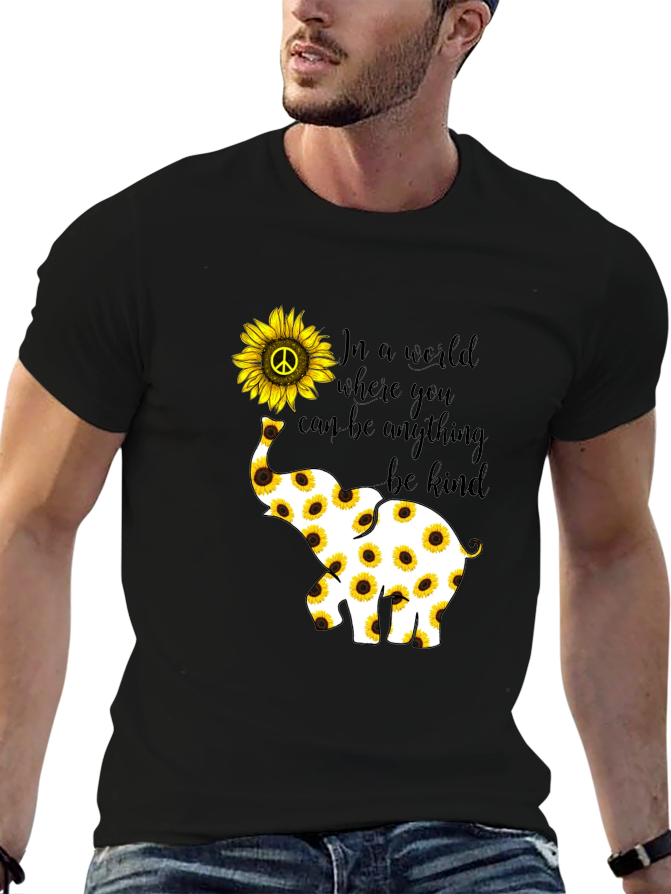 Black Sunflower Elephant Graphic Tee - Be Kind view 6