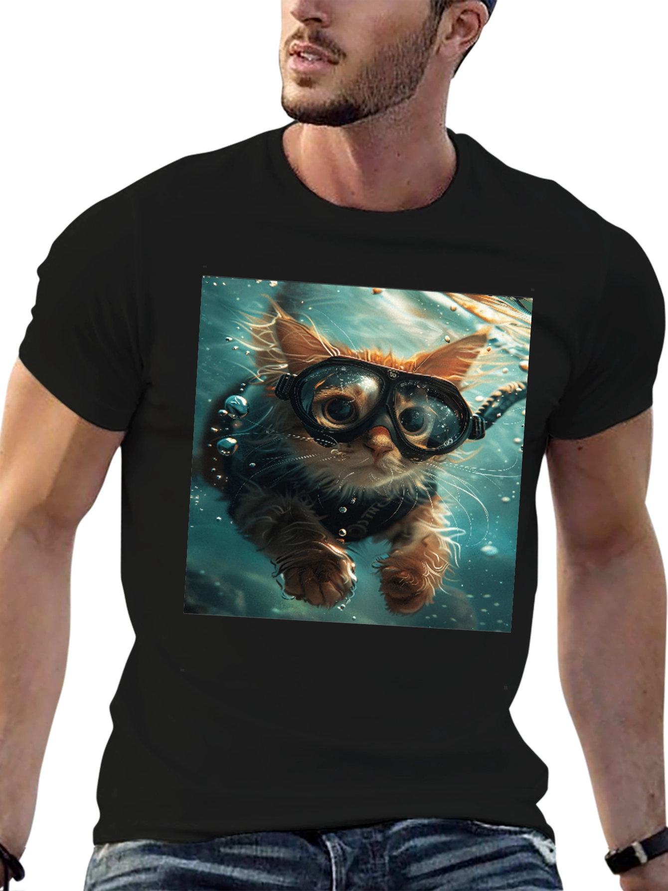 Black Diving Cat T-Shirt - Novelty Graphic Tee view 6