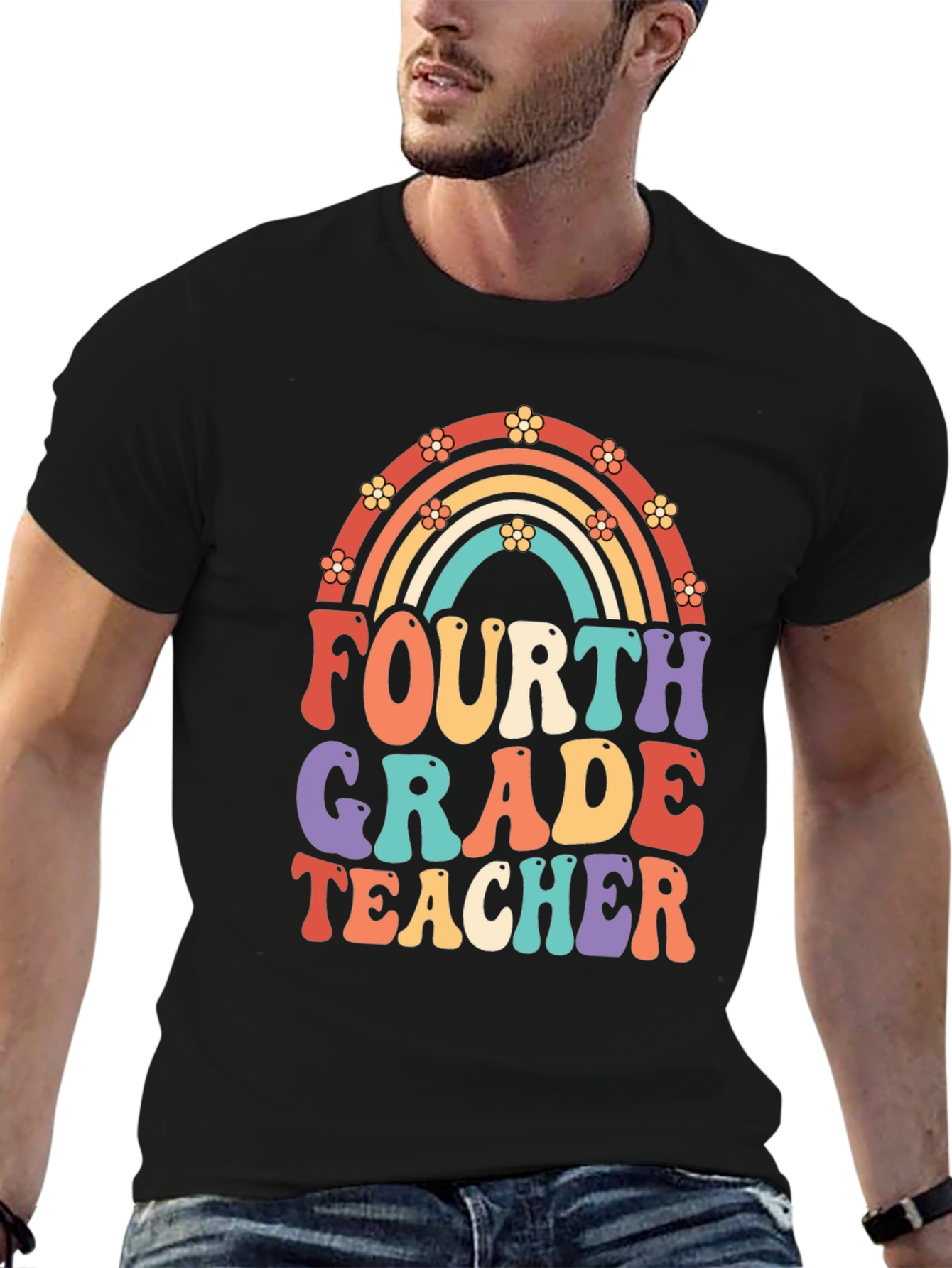 Black Fourth Grade Teacher Retro Rainbow T-Shirt view 6
