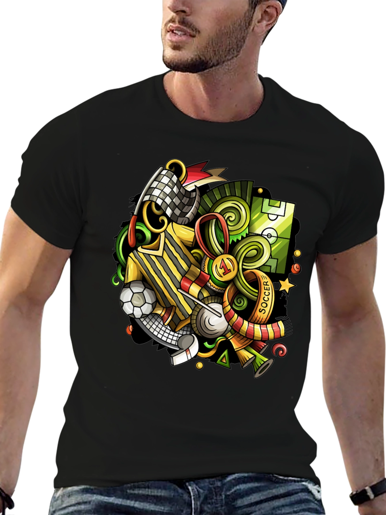 Black Soccer Cartoon Graphic T-Shirt view 6