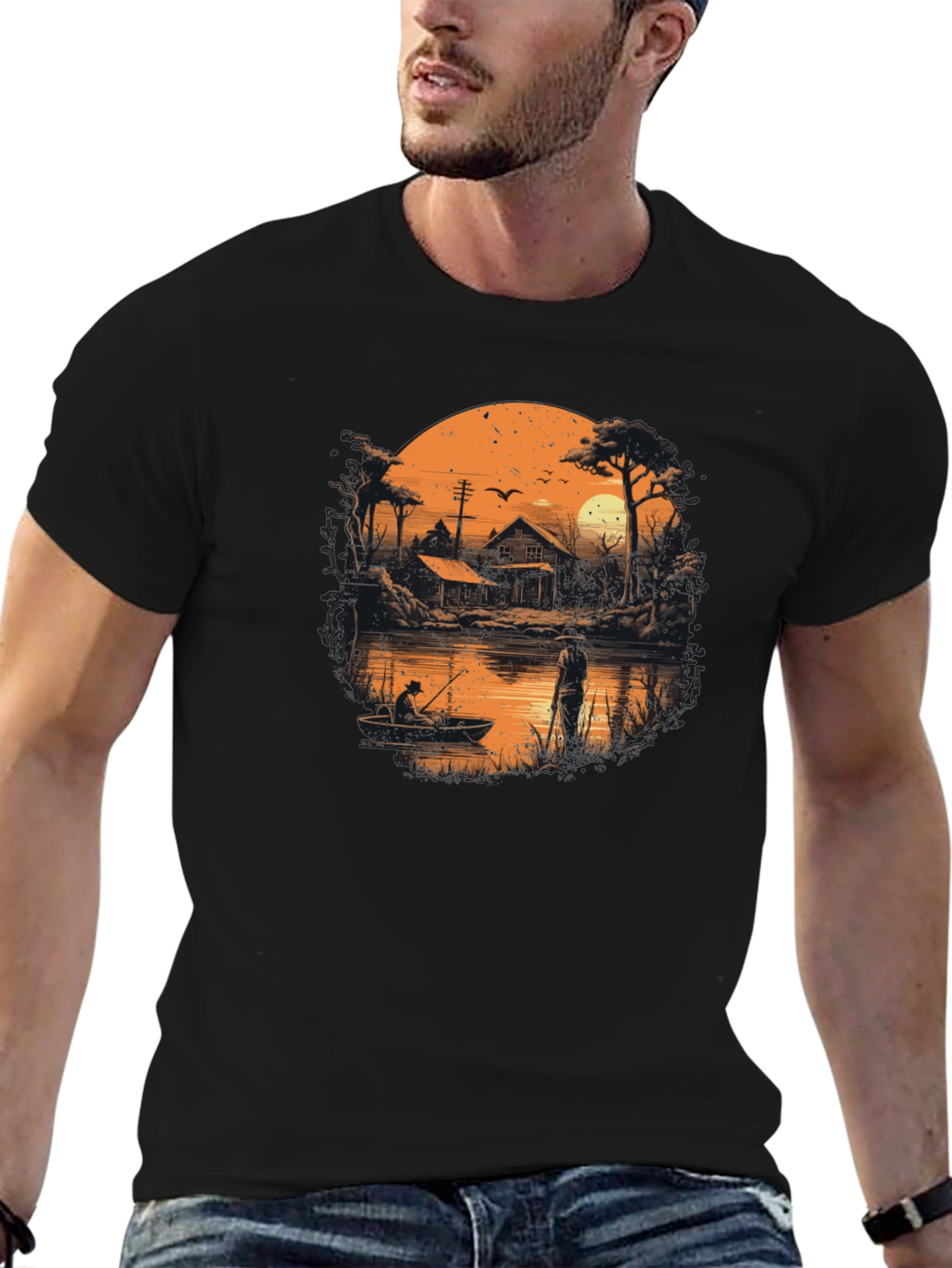 Black Fishing at Sunset Graphic T-Shirt view 6