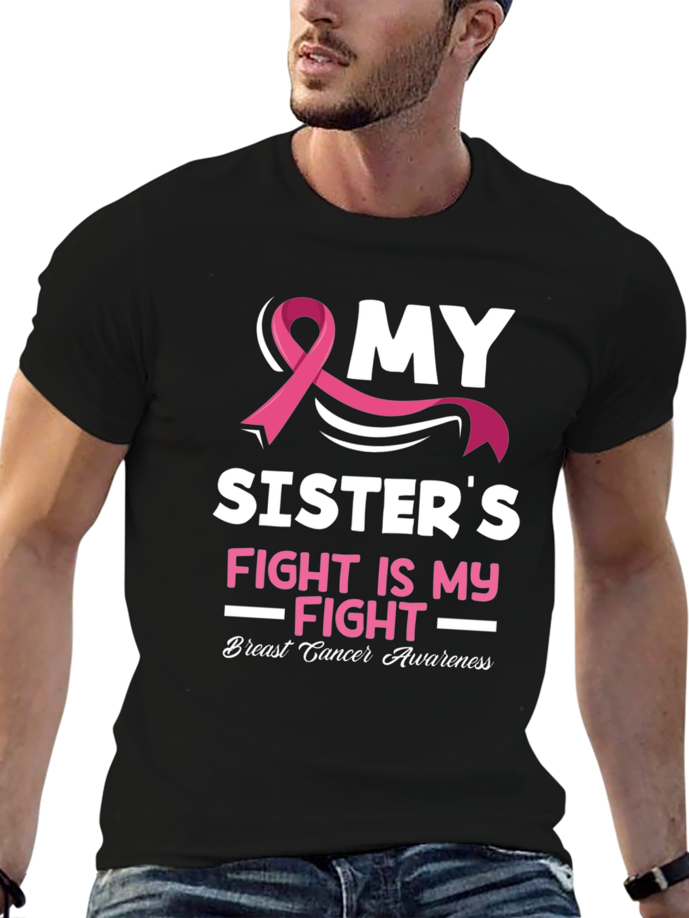 Black My Sister's Fight Breast Cancer Awareness T-Shirt view 6