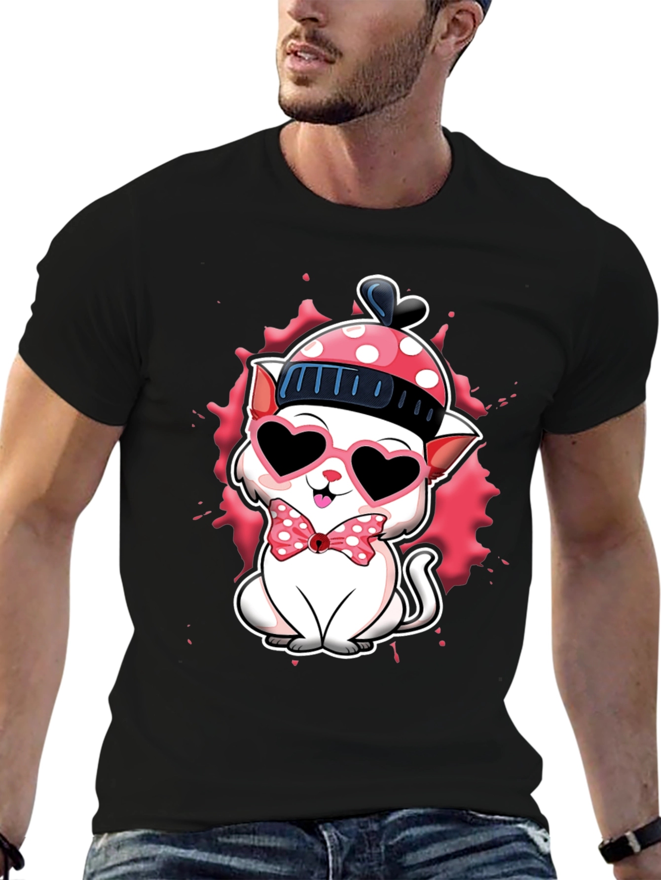 Black Cute Valentine Cat T-Shirt view 6