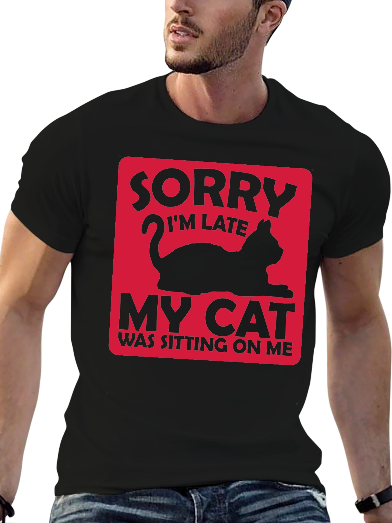 Black Funny Cat Lover T-Shirt: Sorry I'm Late view 6