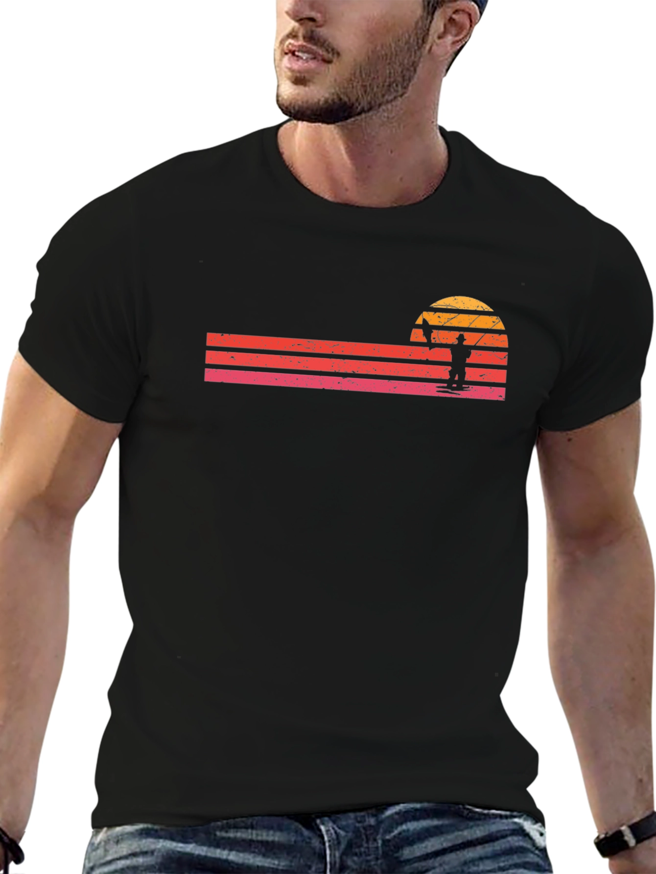 Black Retro Fishing Sunset T-Shirt - Black view 6