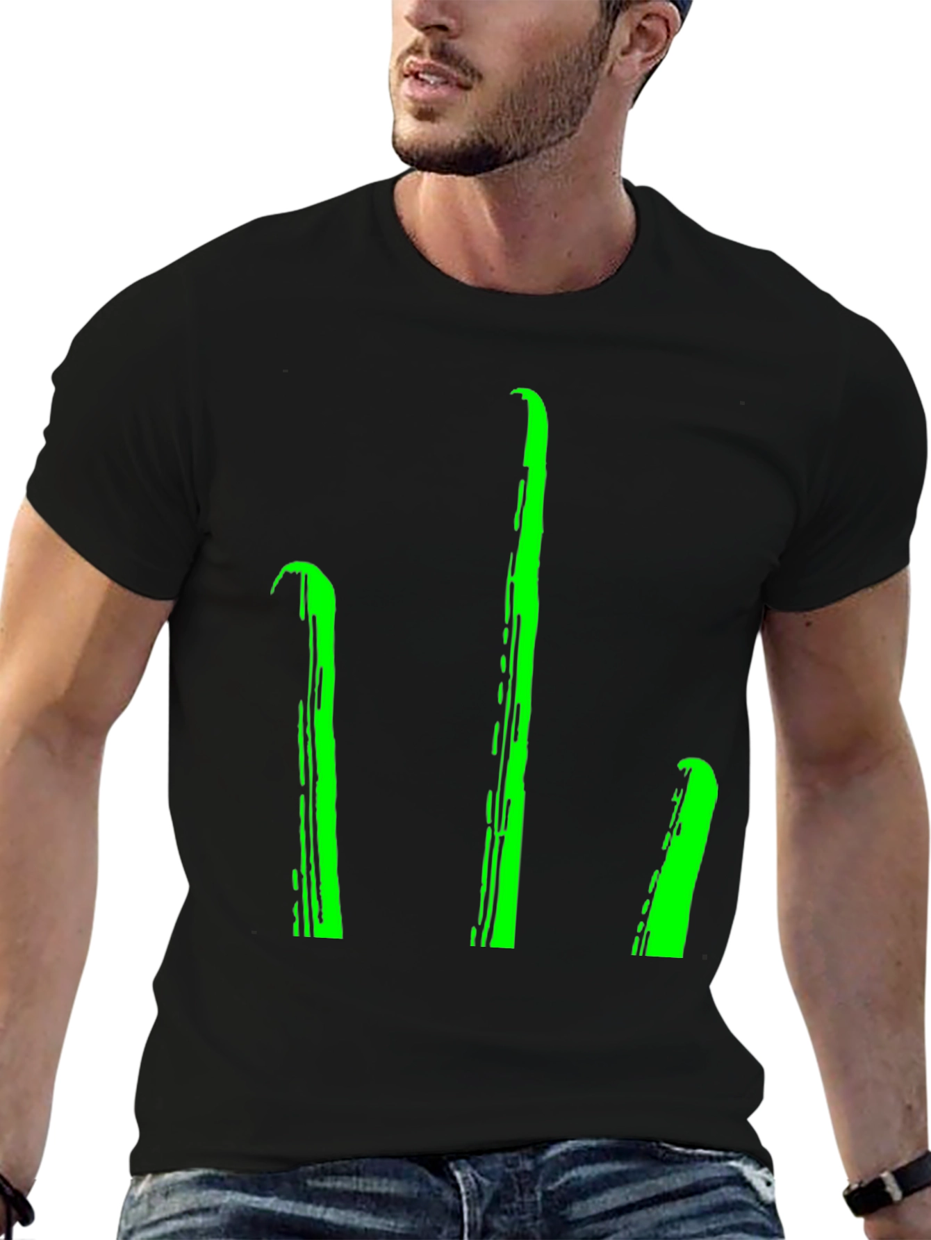 Black Men's Black T-Shirt with Green Stylized Trident Design view 6