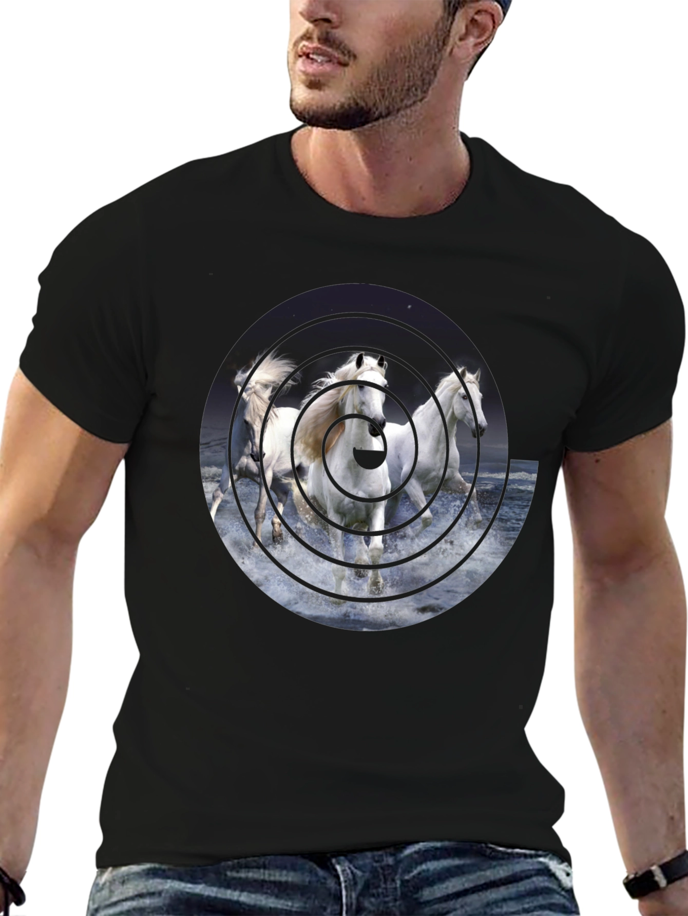 Black Equine Vortex Black T-Shirt - Unique Horse Design view 6