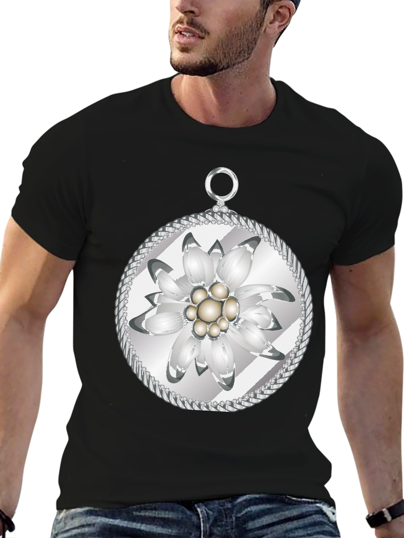 Edelweiss Flower T-Shirt - Black Cotton Tee - 6