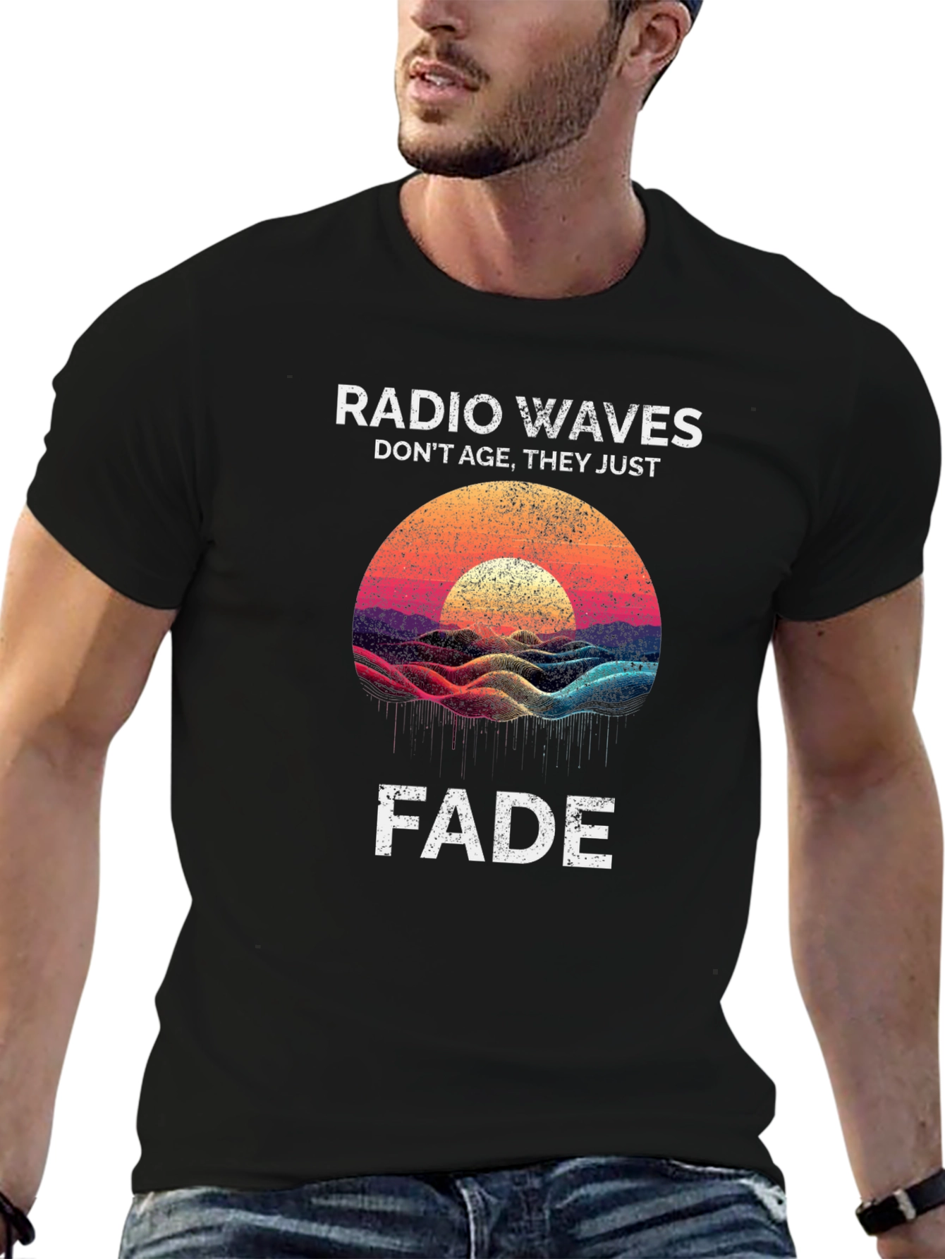 Black Radio Waves Graphic T-Shirt - Sunset Fade Design view 6