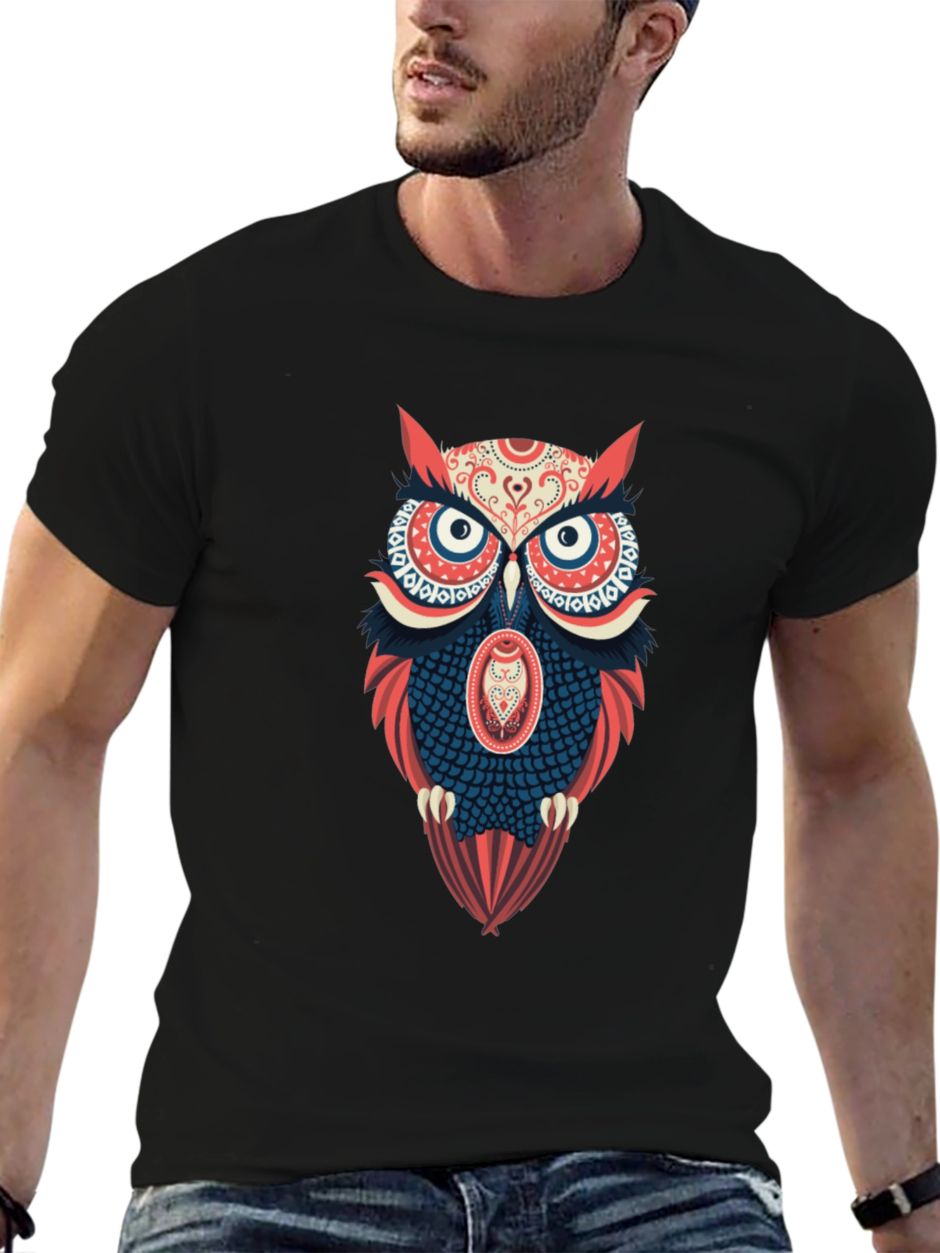 Black Owl Graphic Print Men's Black T-Shirt view 6