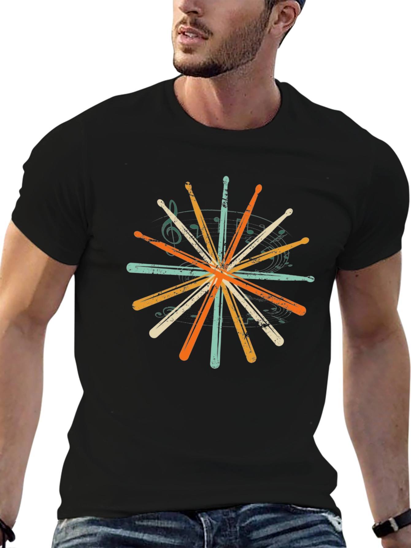 Black Drumsticks Burst Graphic T-Shirt - Music Lover Tee view 6