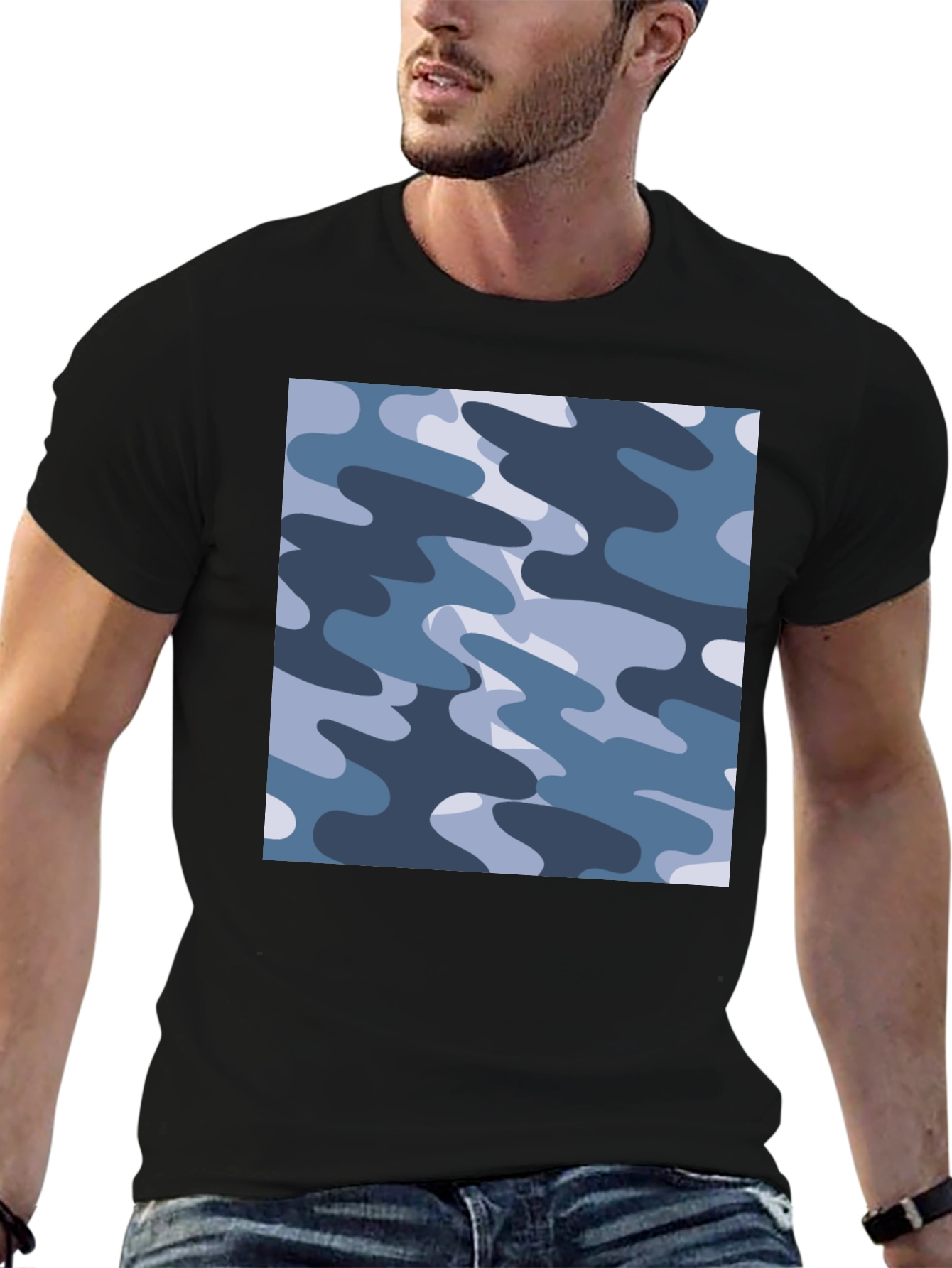 Black Men's Black Camouflage Print T-Shirt view 6