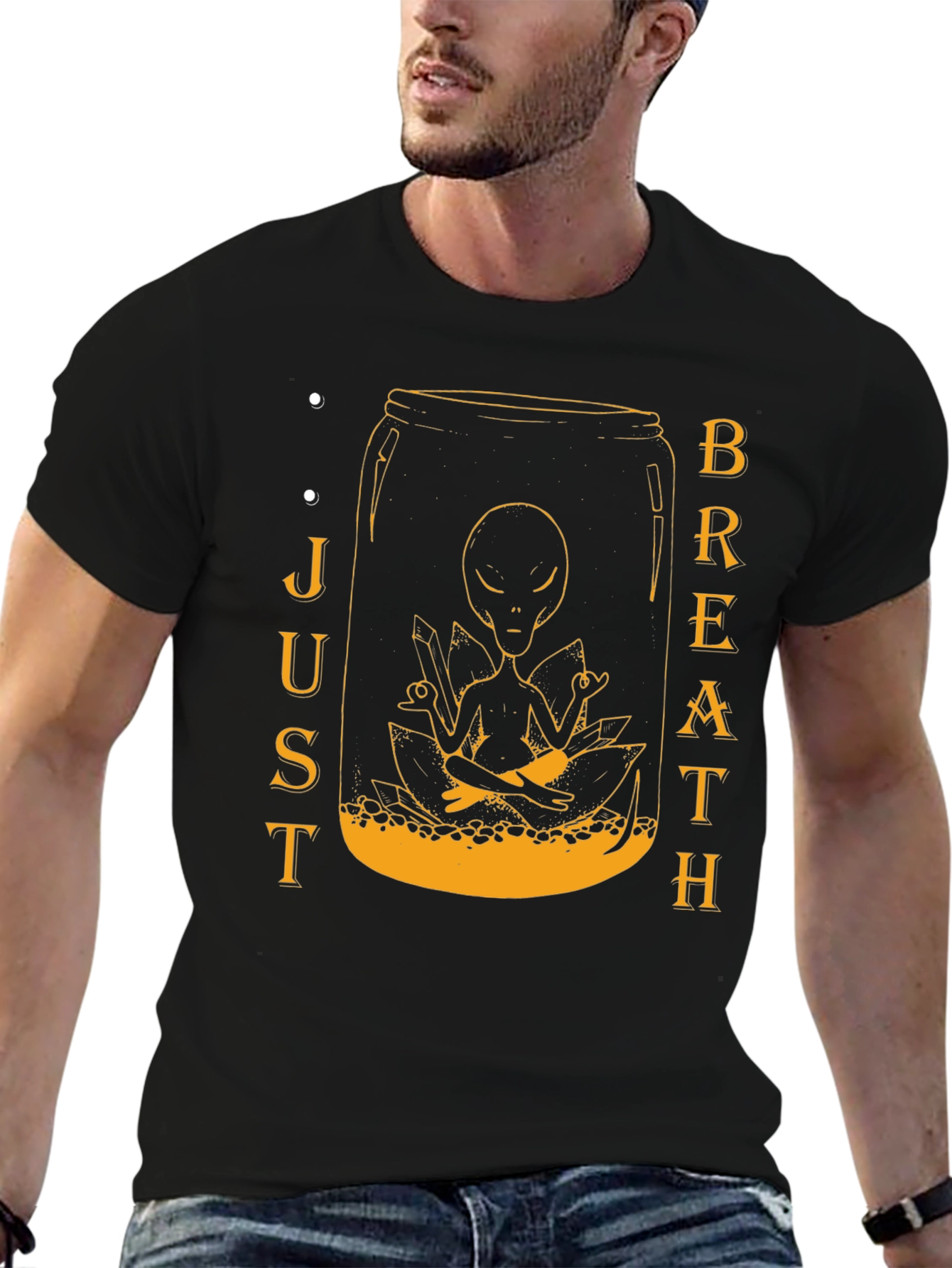 Black Alien Meditation Jar Graphic Tee - Just Breathe T-Shirt view 6